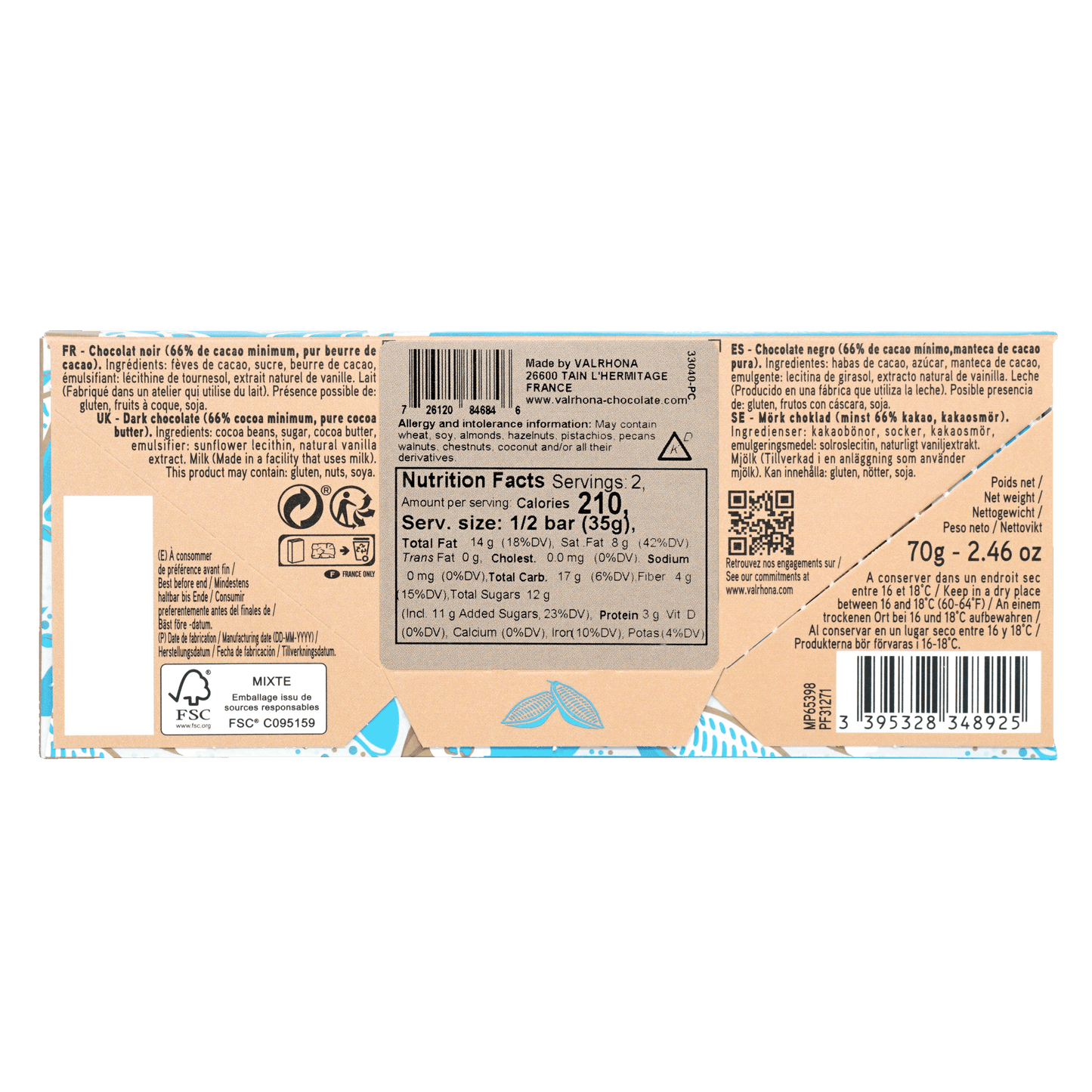 Back of Valrhona Grand Cru Caraibe 66% dark chocolate bar wrapper