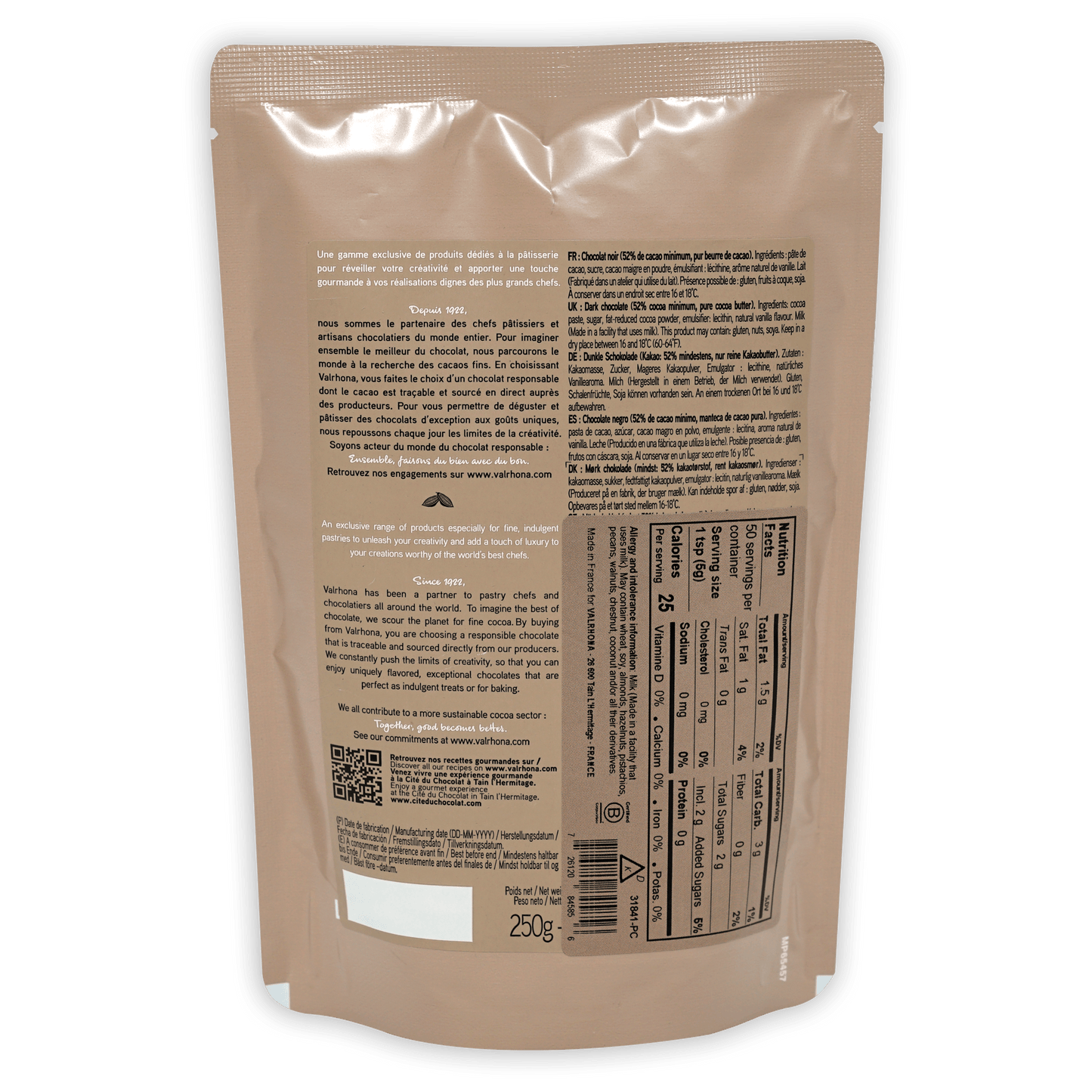 Valrhona dark chocolate chips 52% in glossy white foil wrapper