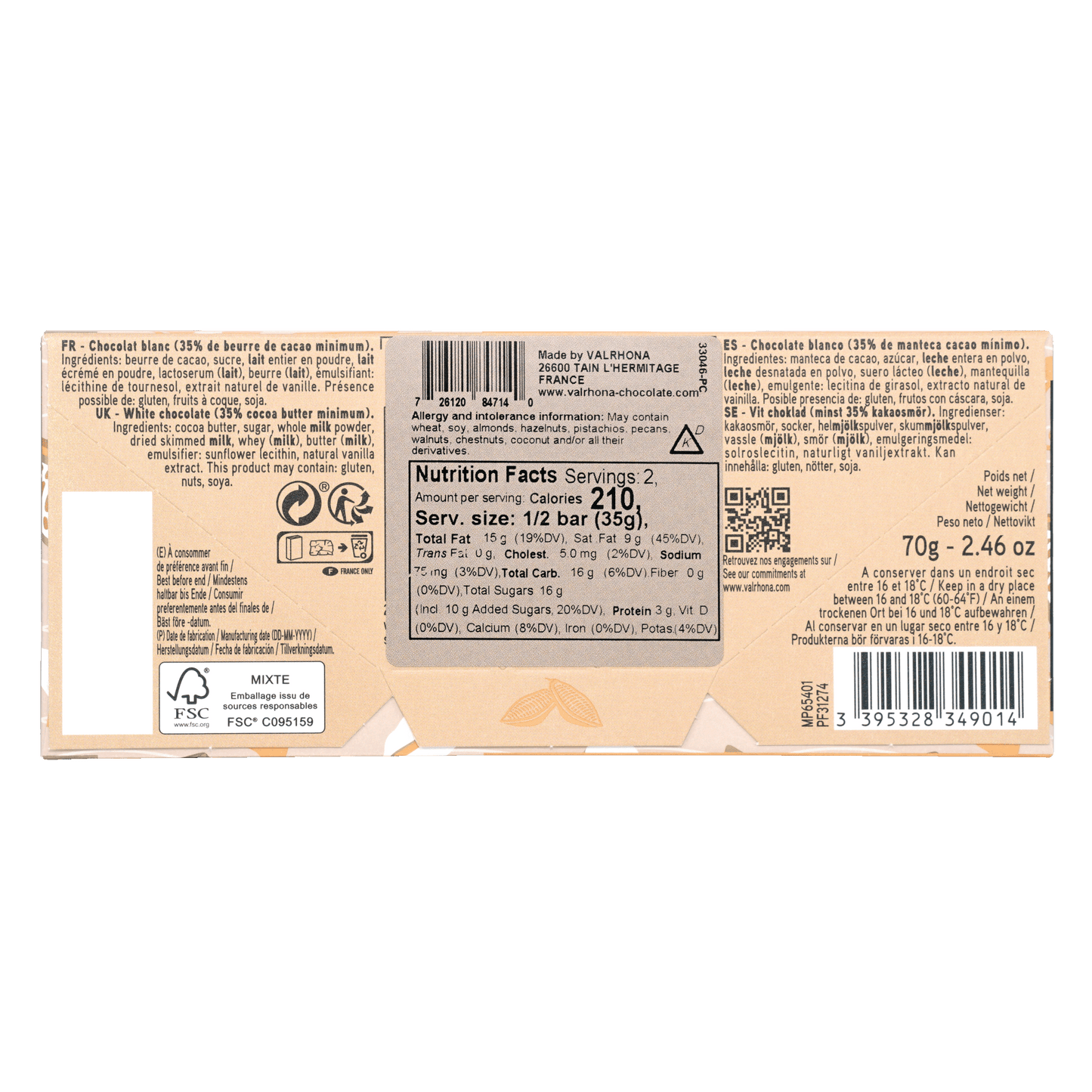 Valrhona Grand Cru Dulcey Blond 35% beige gold foil white chocolate bar