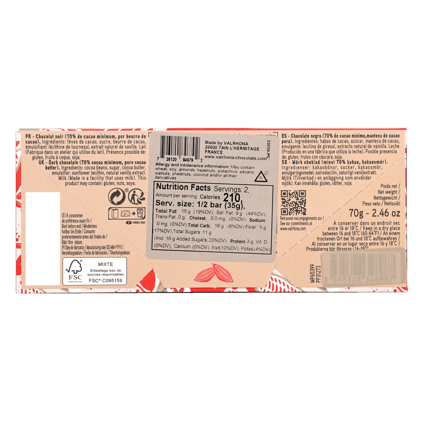 Valrhona Grand Cru Guanaja 70% dark chocolate bar wrapper with pink white design and red cocoa beans