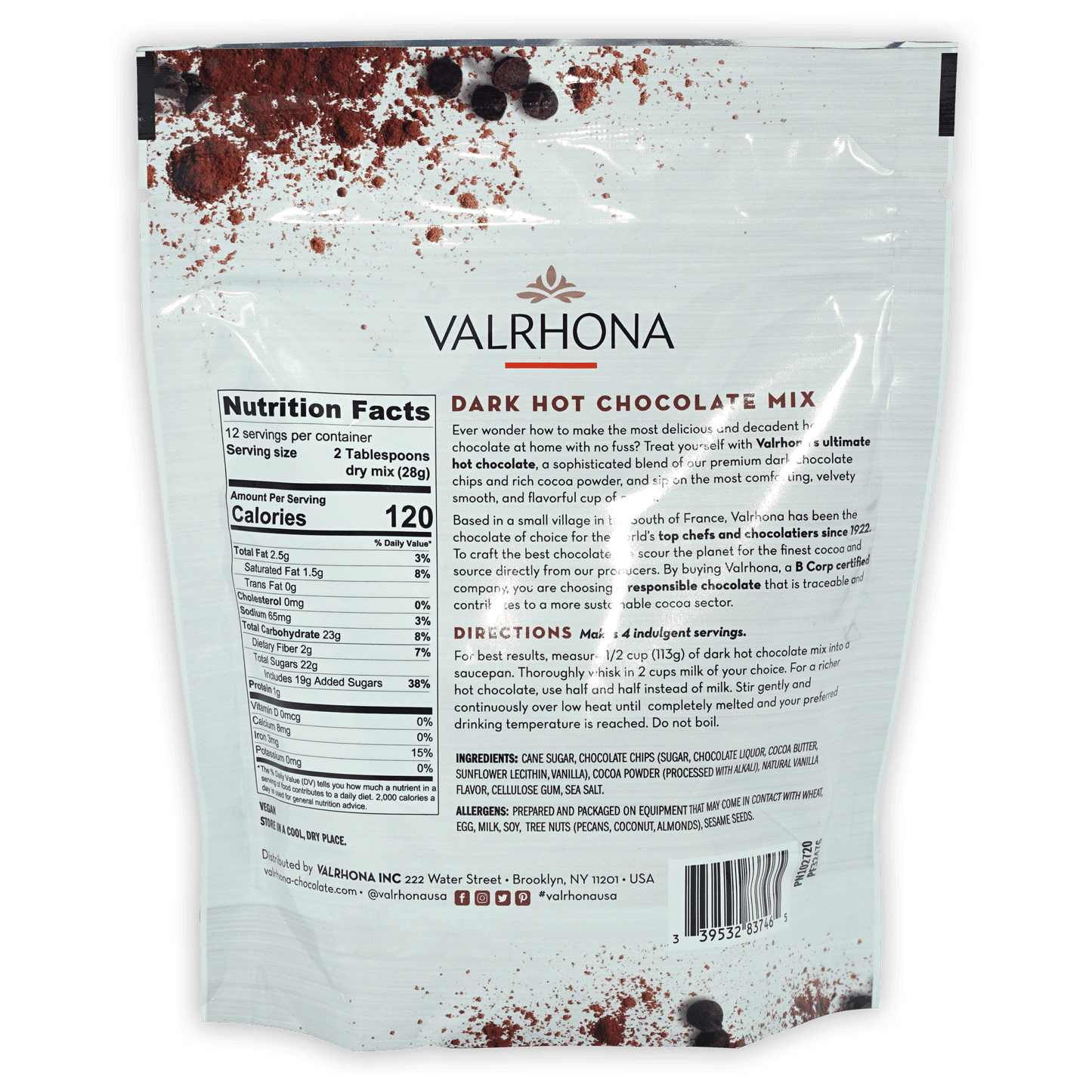 Valrhona dark hot chocolate mix in white pouch with splatter design