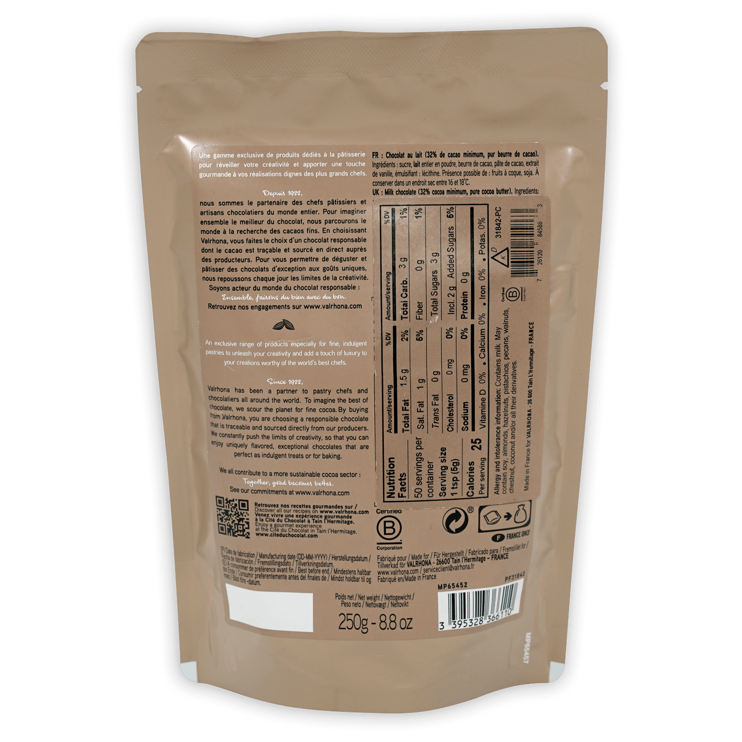 Back of Valrhona milk chocolate chips 32% beige pouch with matte finish