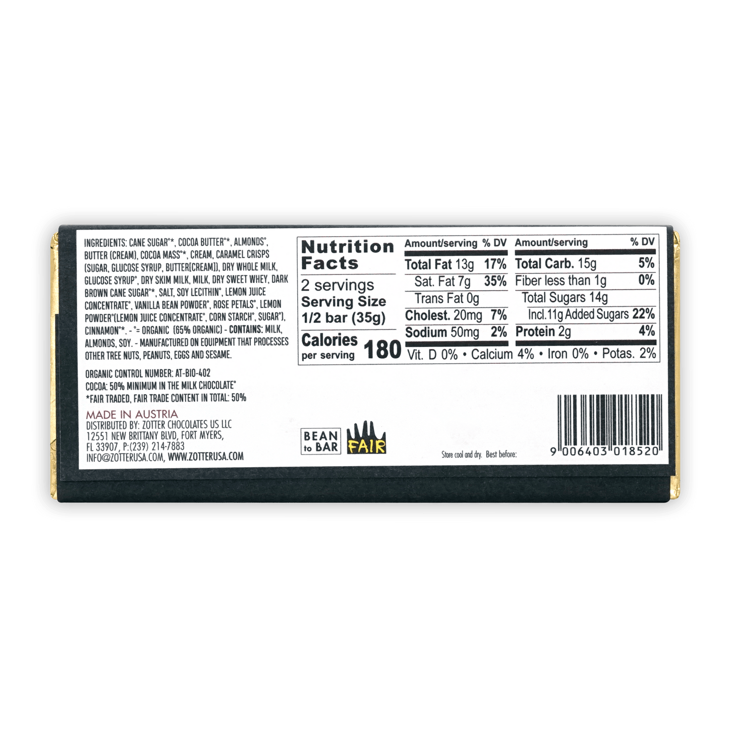 Zotter Butter Caramel 50% organic milk chocolate bar in dark green wrapper with gold foil edges