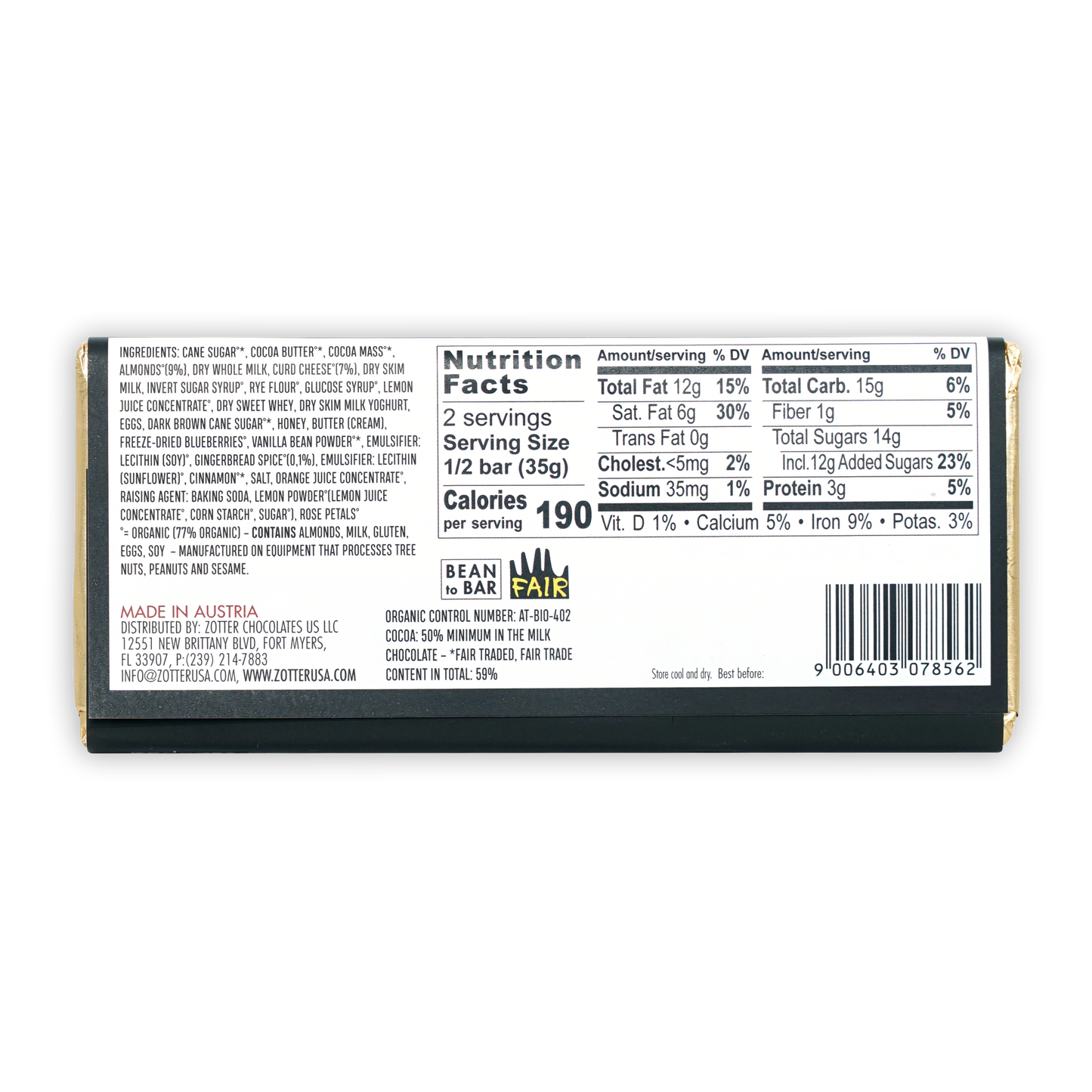 Zotter Cheesecake Milk Chocolate 50% bean bar back with nutrition facts
