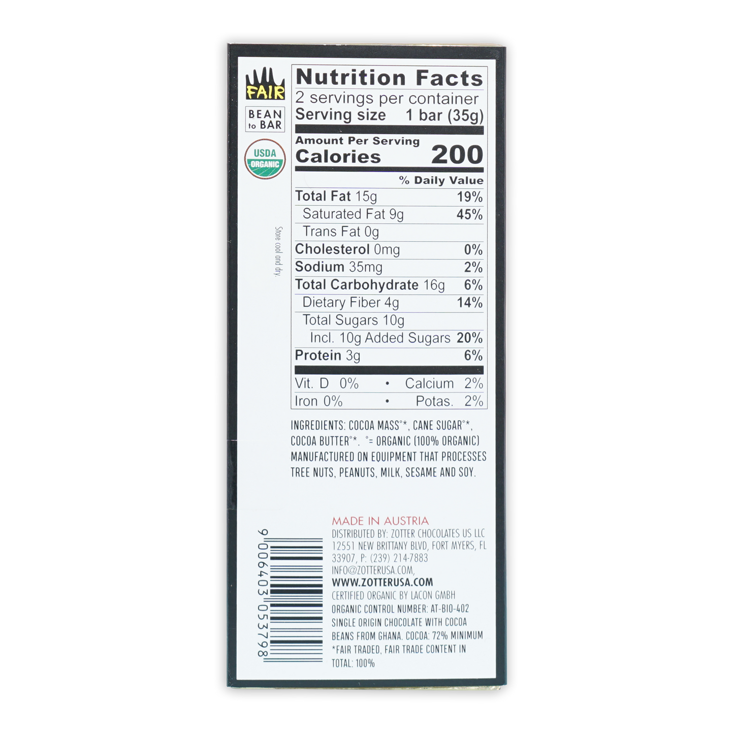 Labooko Ghana Dark 72% white wrapper with fair bean to bar and USDA organic seal