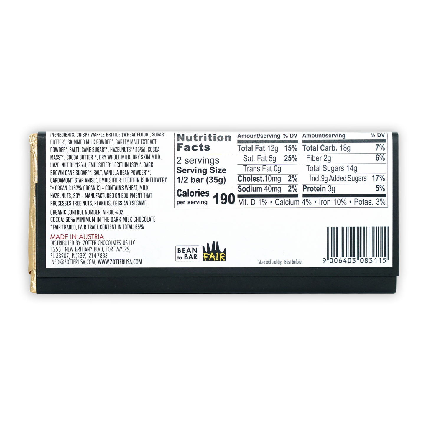 Zotter Waffle Brittle 60% dark milk chocolate bar with bean to bar label