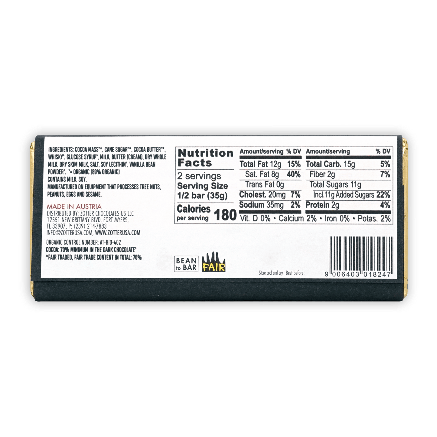 Zotter Whisky 70% dark chocolate bar with gold foil label