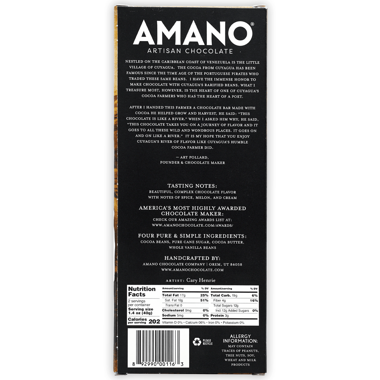 Amano Cuyagua 70% black artisan chocolate bar wrapper with gold foil