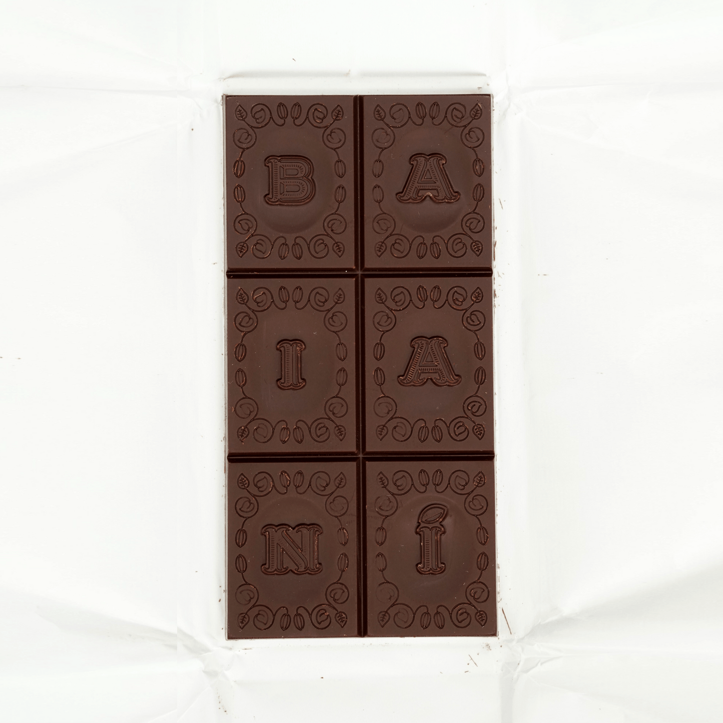 Baiani Bold Roast Trinitario 70% dark chocolate bar with baini emboss