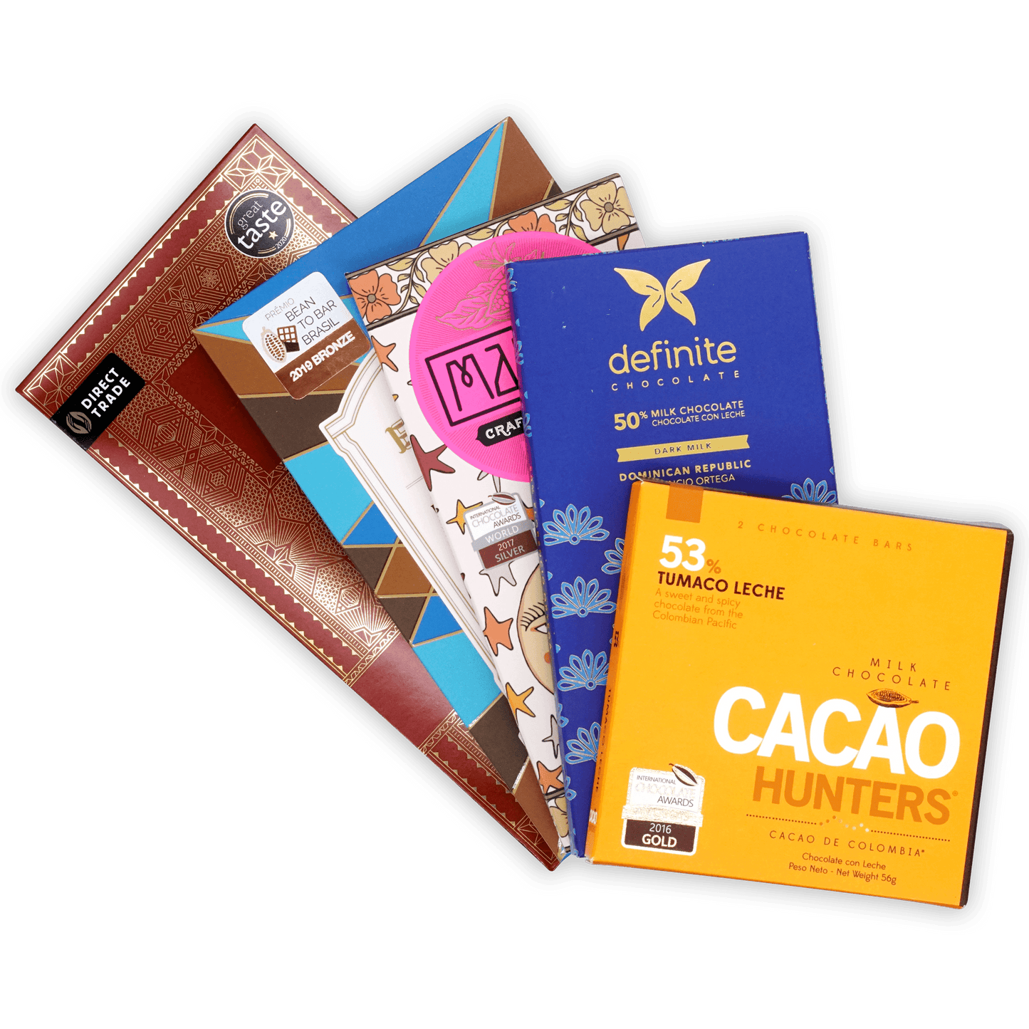 Single Origin Chocolate Bundle: 5 vibrant artisanal bars from Definite Chocolate, Cacao Hunters