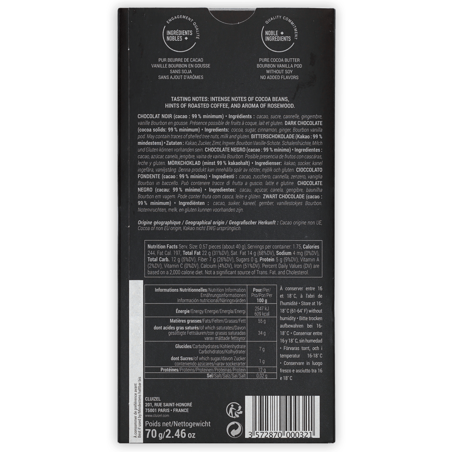 Michel Cluizel Noir Infini 99% black wrapper back with nutritional info