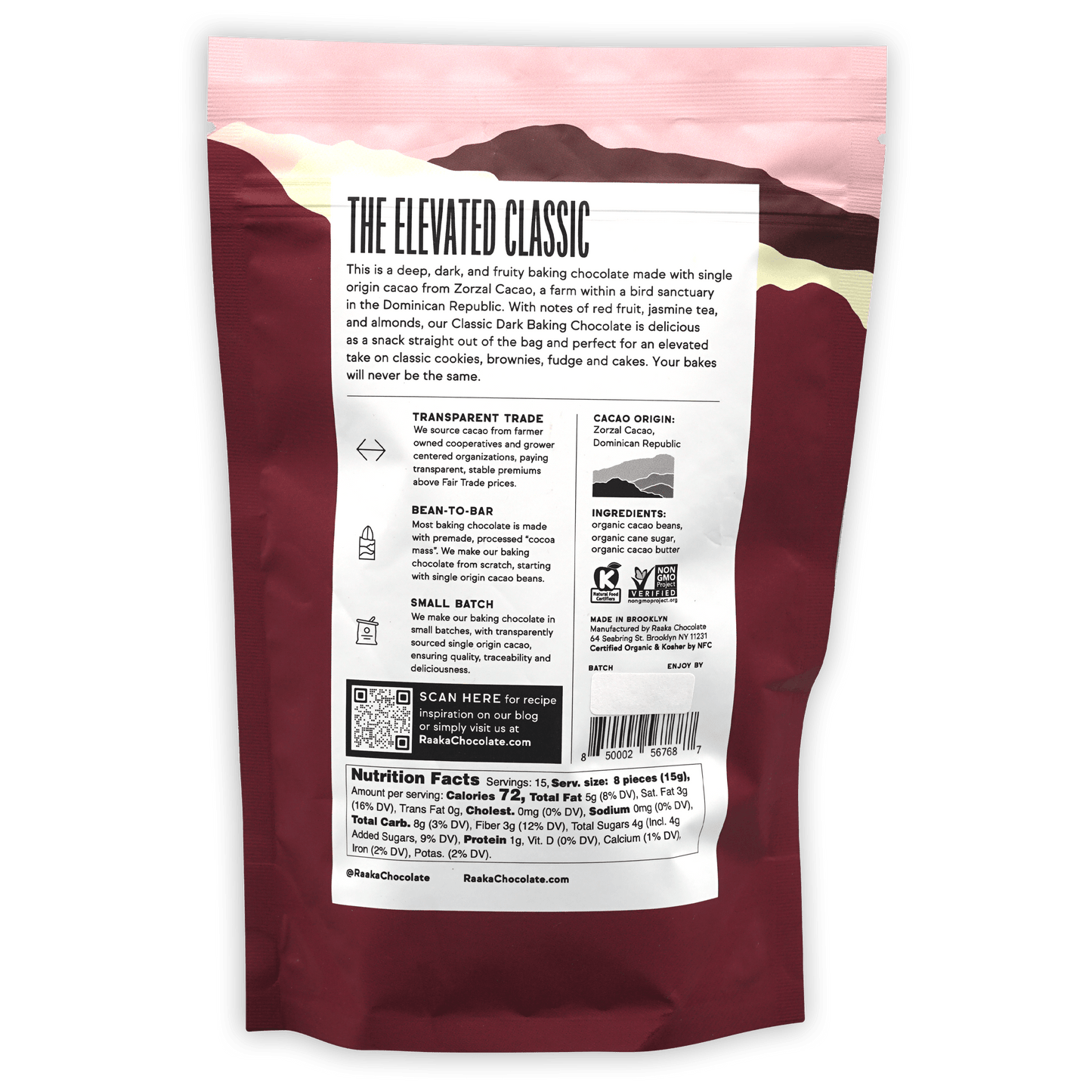 Raaka Baking Chocolate Classic Dark 71% pink maroon foil bag