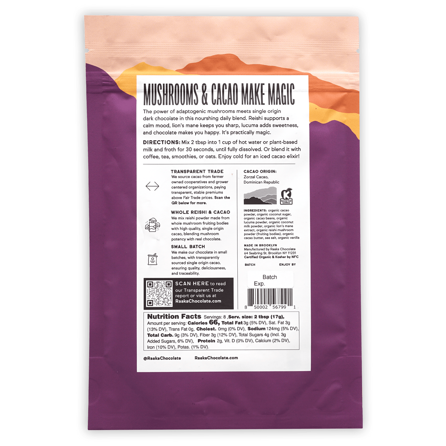 Raaka Cocoa + Mushroom Blend purple orange pouch Mushrooms & Cacao Make Magic