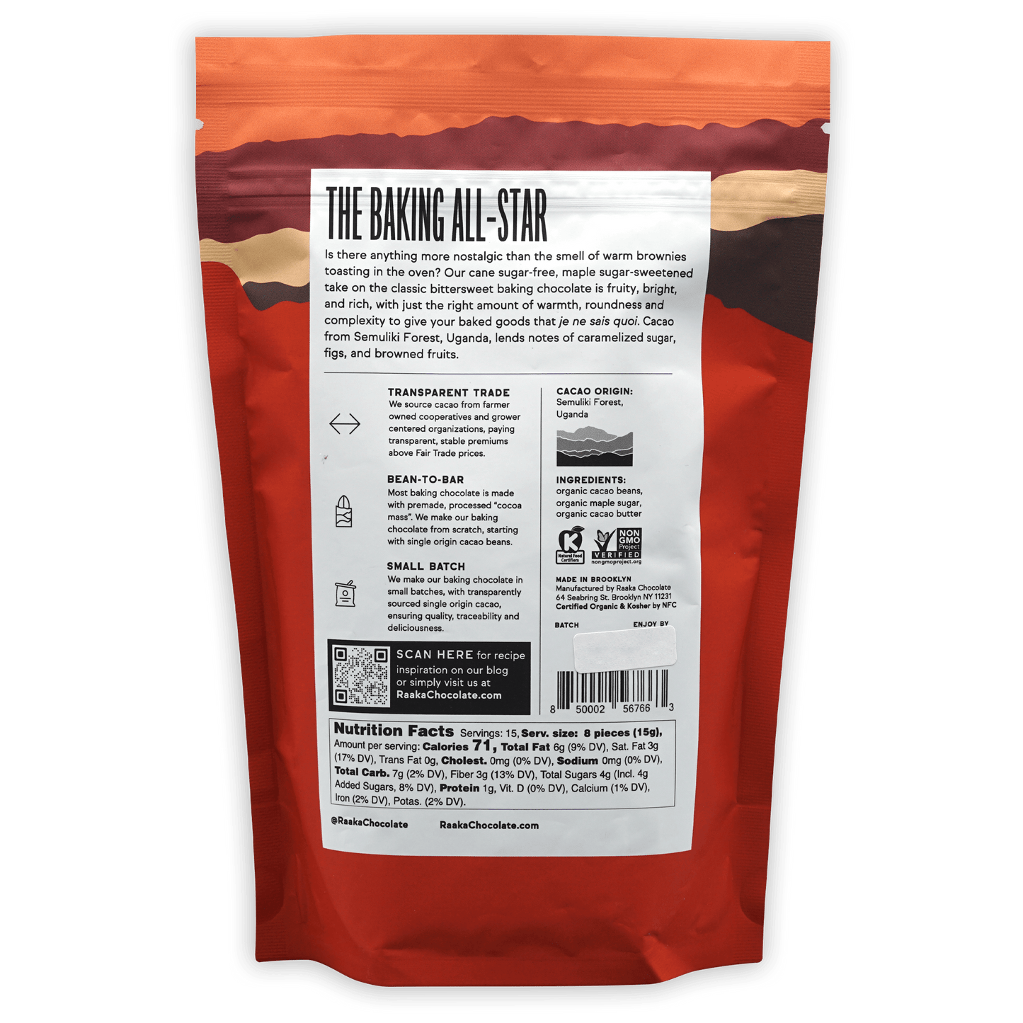 Raaka Baking Chocolate Maple Dark 75% resealable bag back with ingredients