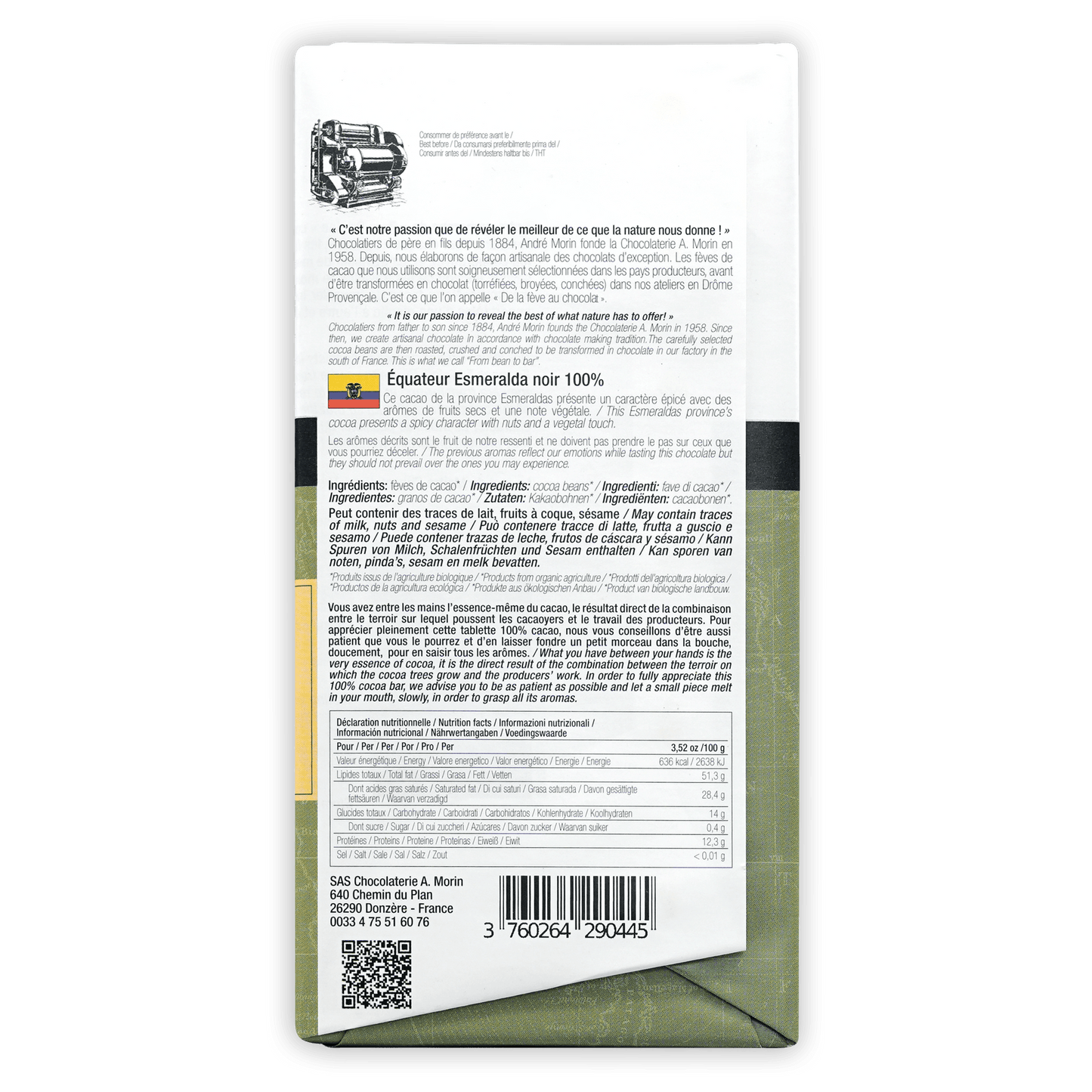 Back of green and white A. Morin Ecuador Esmeralda Noir 100% chocolate wrapper