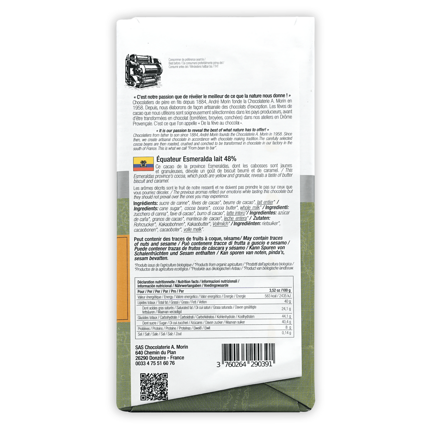 Back of A. Morin Equateur Esmeralda Milk 48% white green wrapper