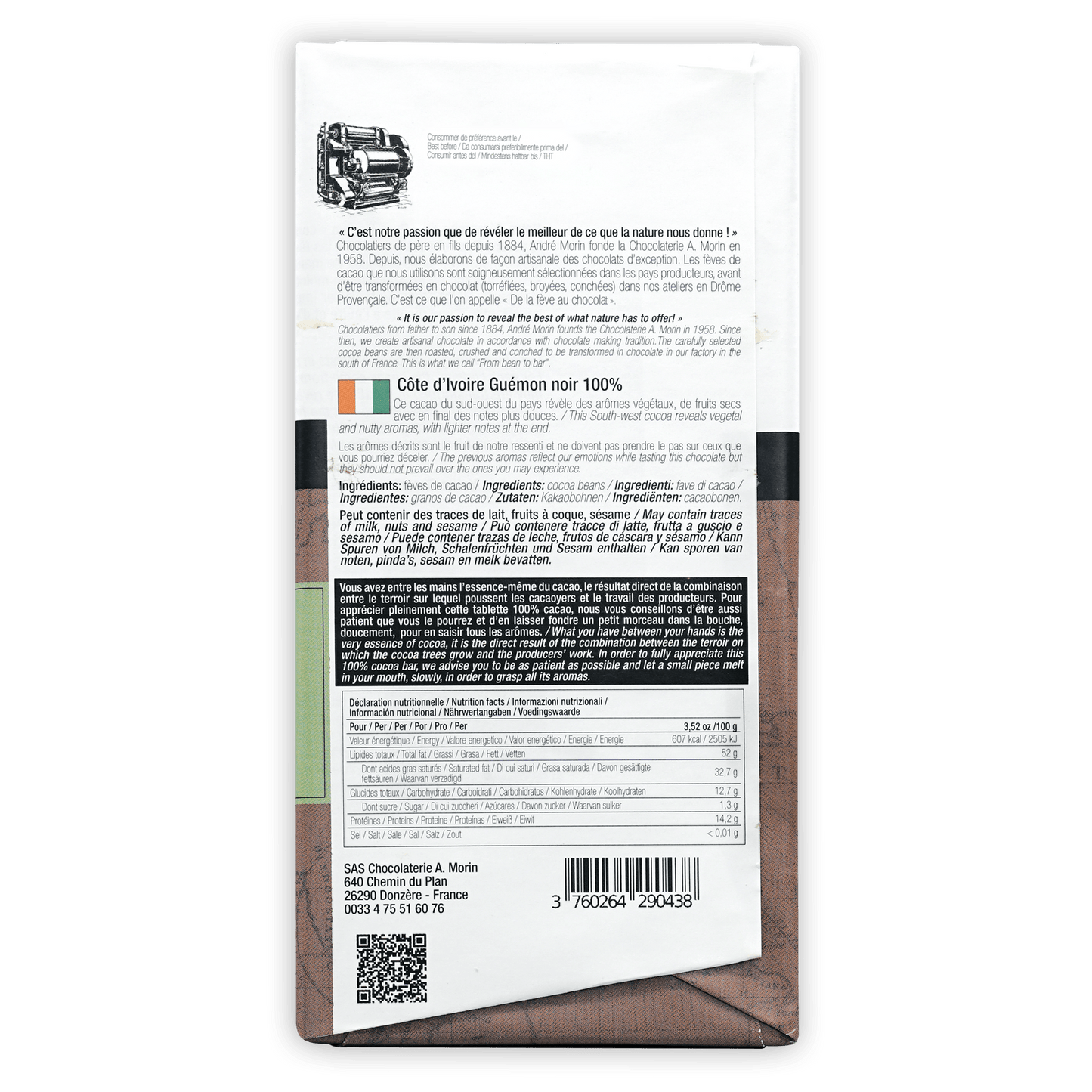 A. Morin Ivory Coast 100% white chocolate bar wrapper with multilingual text