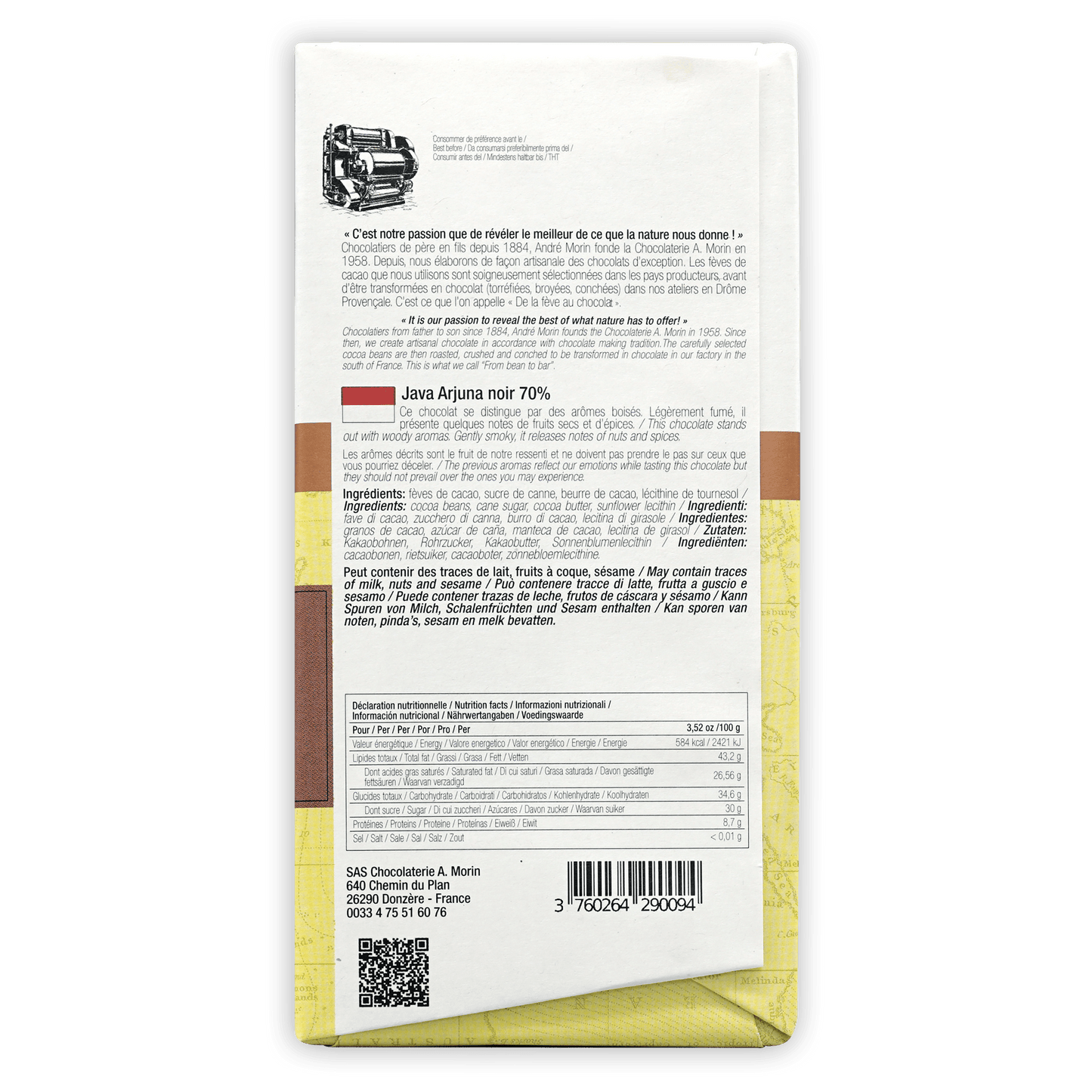 Back of A. Morin Java Aruna 70% dark chocolate bar wrapper