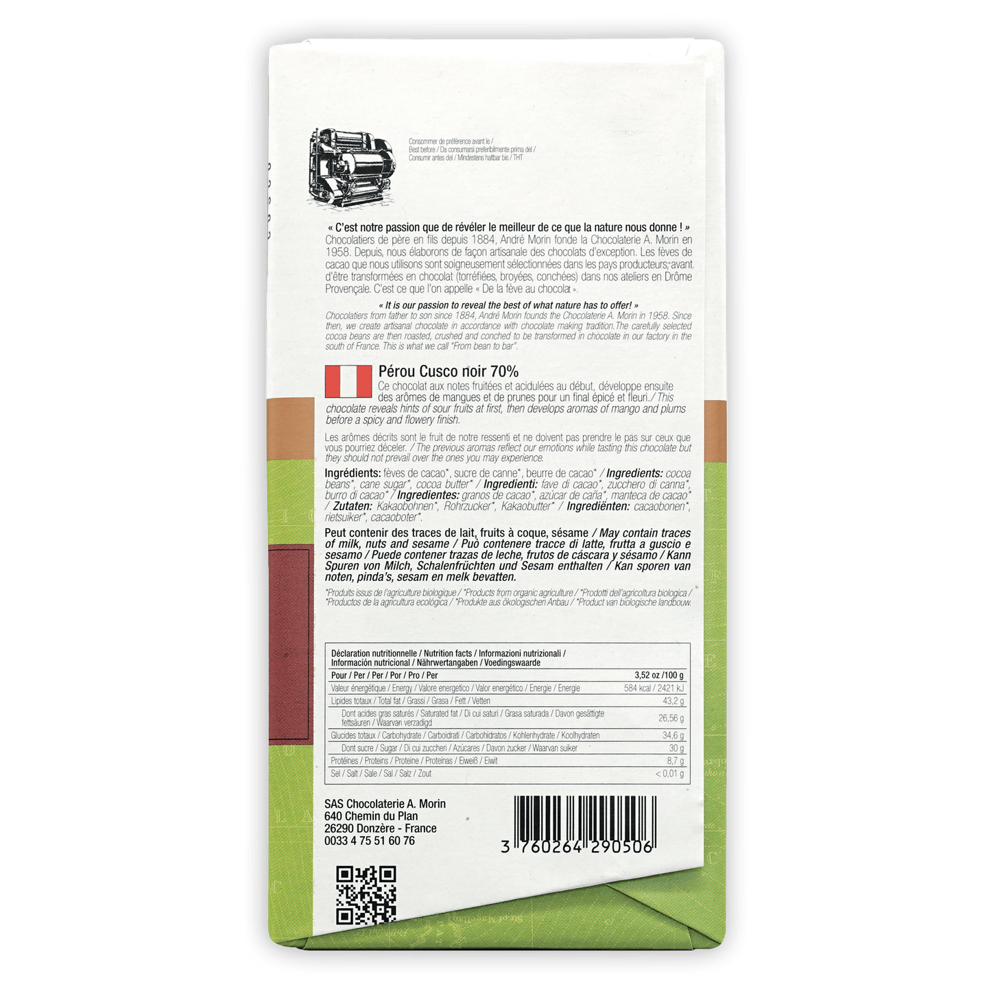 A. Morin Peru Cusco Noir 70% chocolate bar wrapper