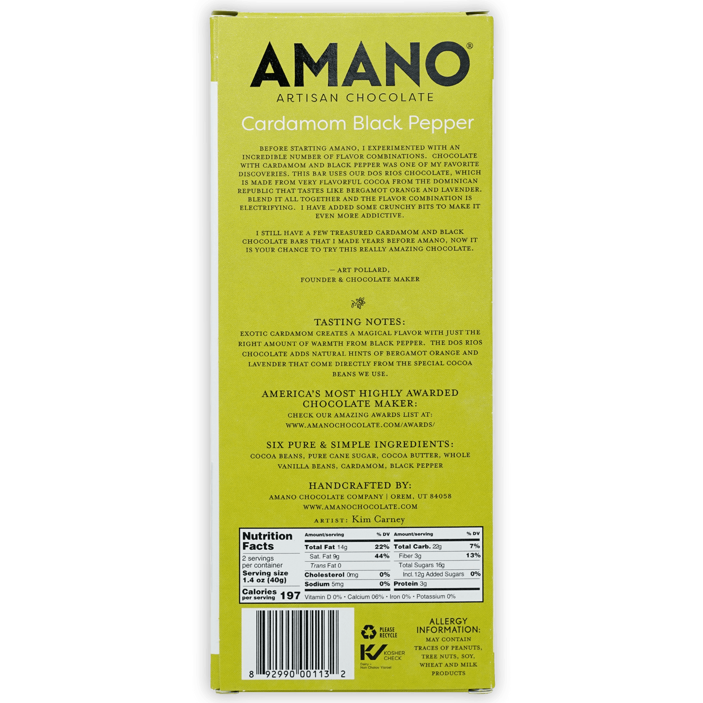 Amano Cardamom Pepper 60% artisan chocolate bar in yellow wrapper