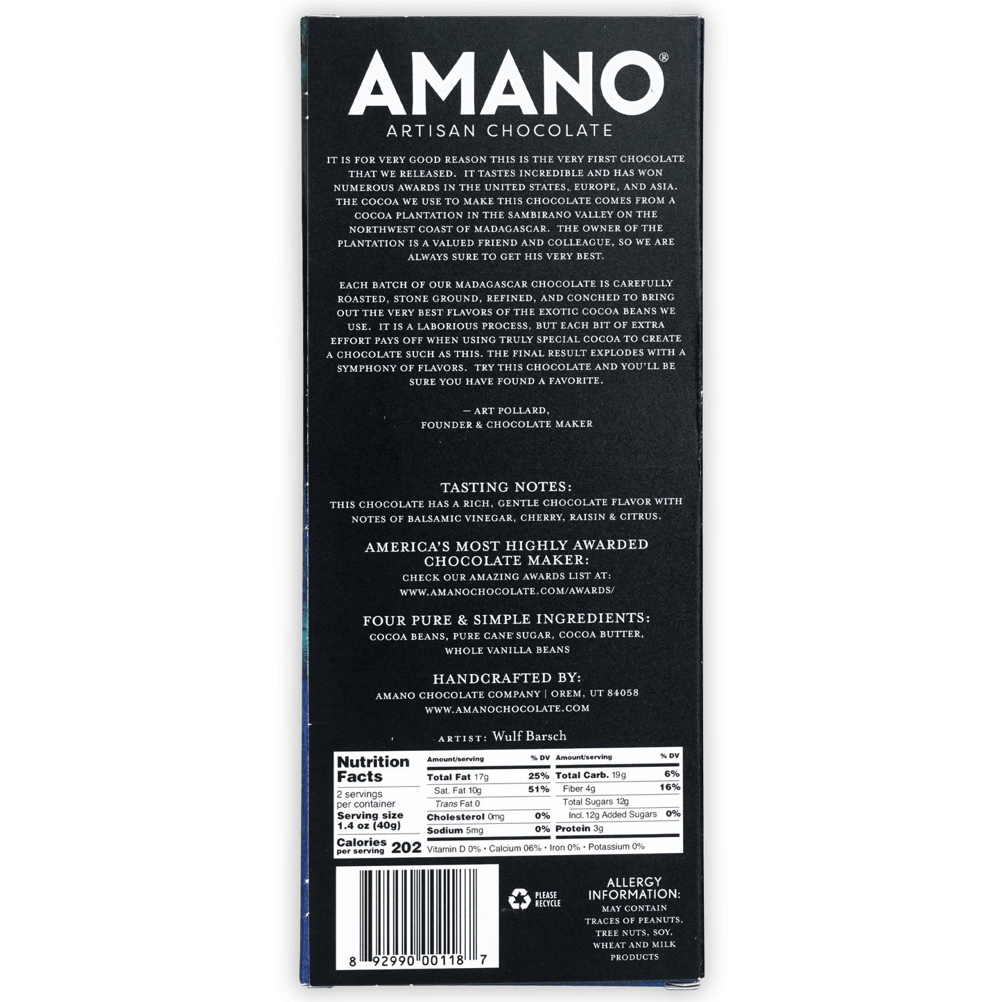 Back of Amano Madagascar 70% artisan chocolate black box with barcode