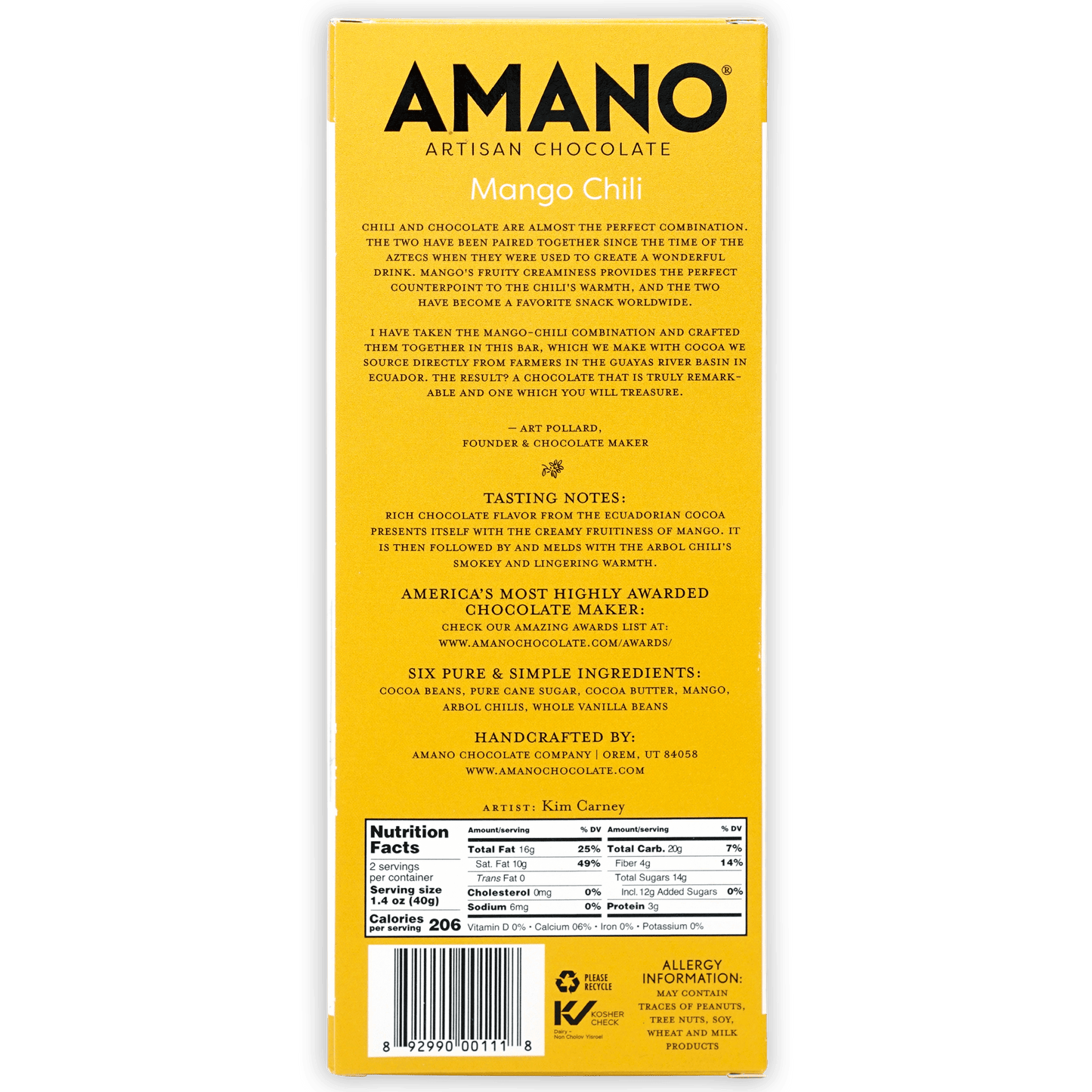 Amano Mango Chili 65% artisan chocolate bar in bright yellow box