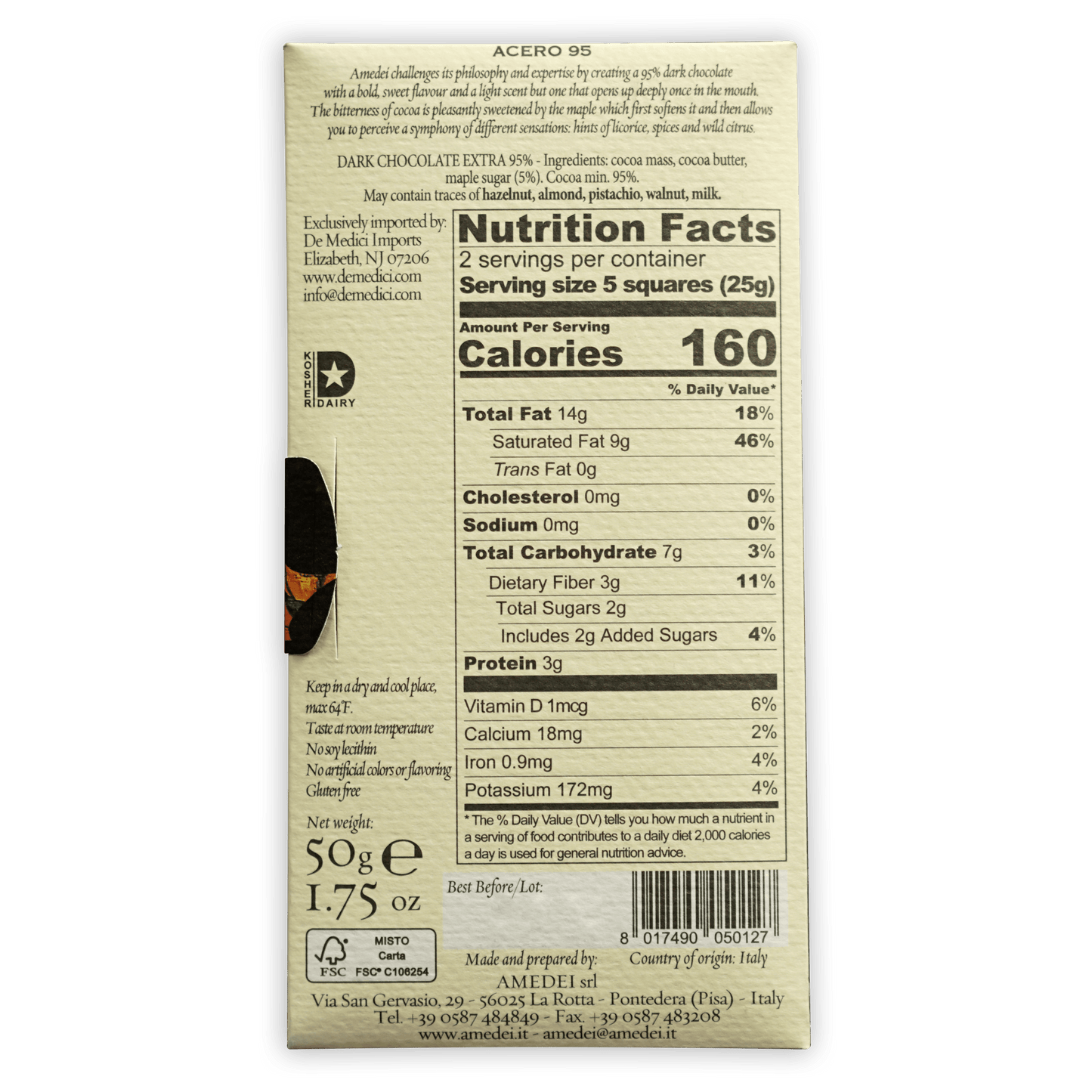 Amedei Acero 95% dark chocolate bar back with beige wrapper details