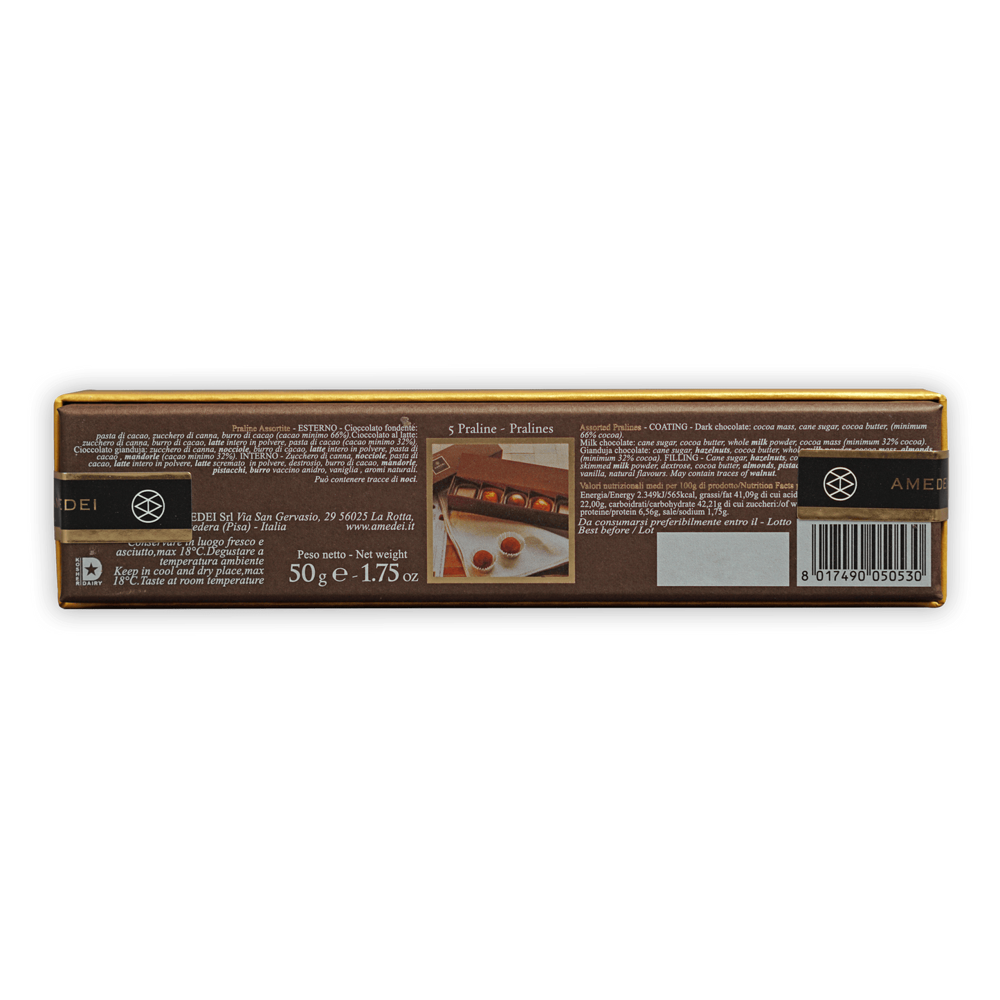 Amedei Assorted Pralines Gold Box 5 pcs gold rectangular box with pralines label