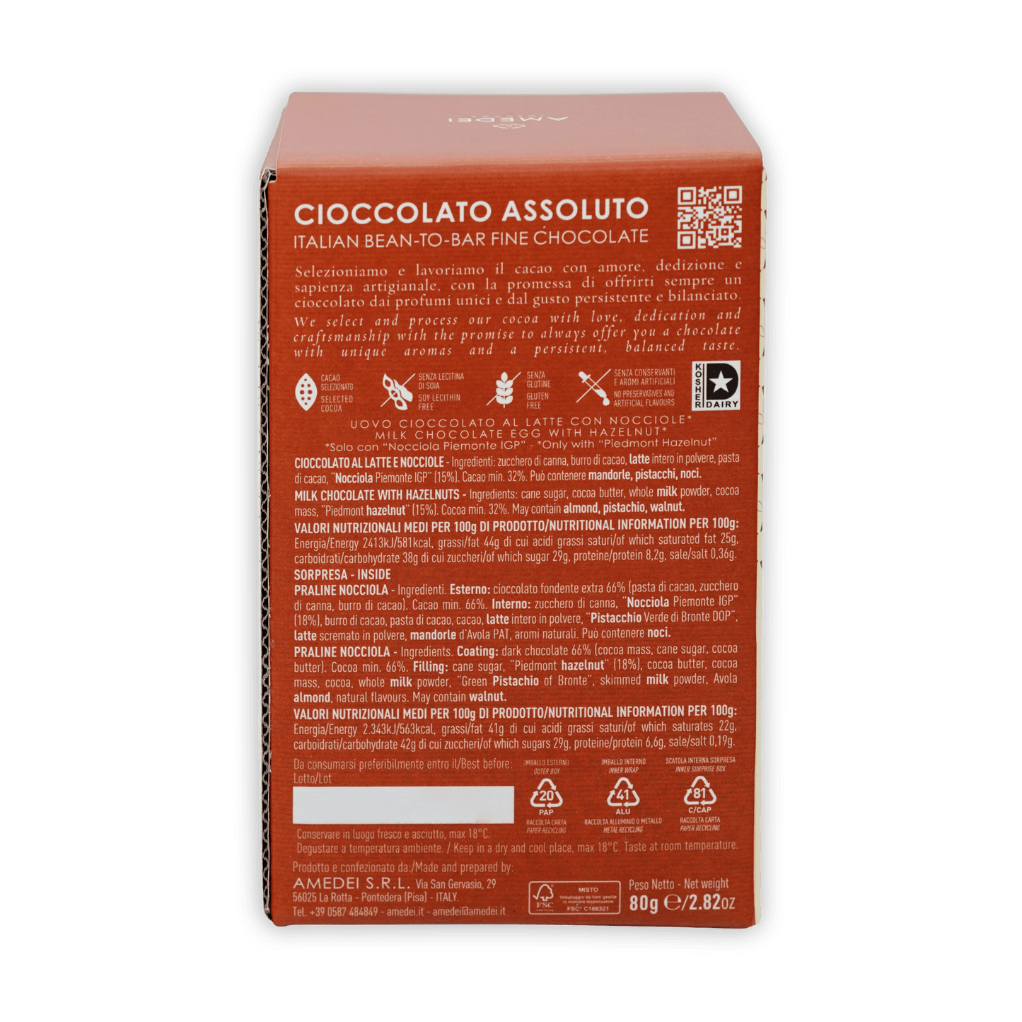 Back of Amedei Easter Egg Milk Chocolate and Hazelnut orange box