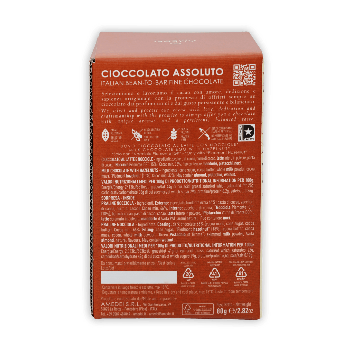 Back of Amedei Easter Egg Milk Chocolate and Hazelnut orange box