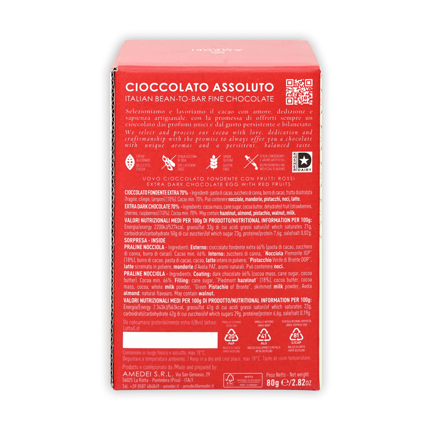 Amedei Toscano Dark Easter Egg 70% with mixed berries in red Cioccolato Assoluto box