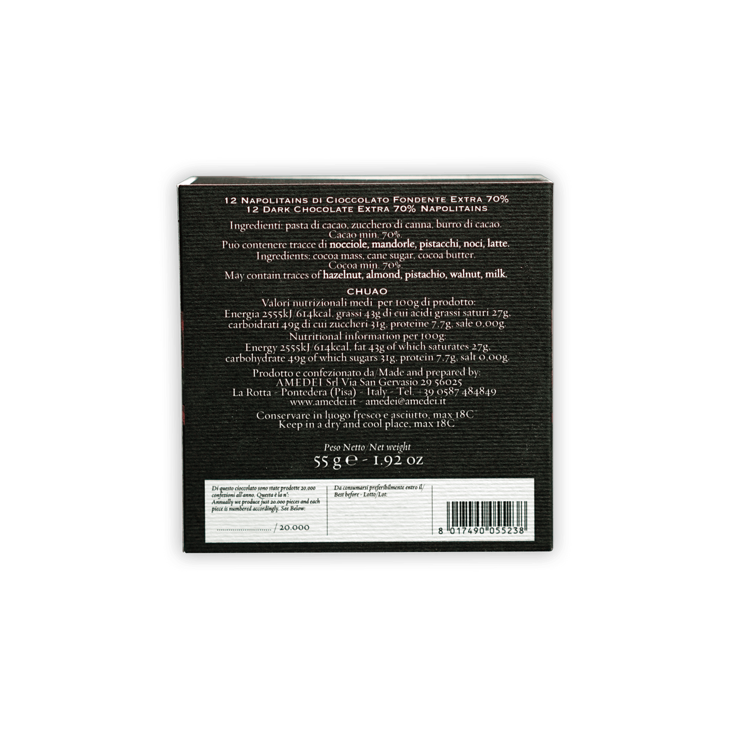 Back of Amedei Napolitains Chuao 70% dark chocolate box with ingredients