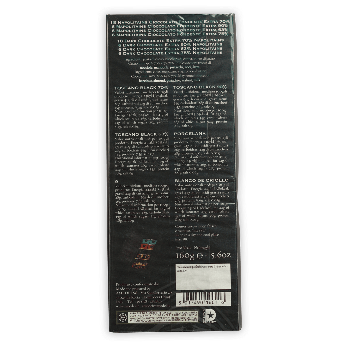 Back of Amedei Napolitains I Fondenti 36 pcs black wrapper with cocoa blends info