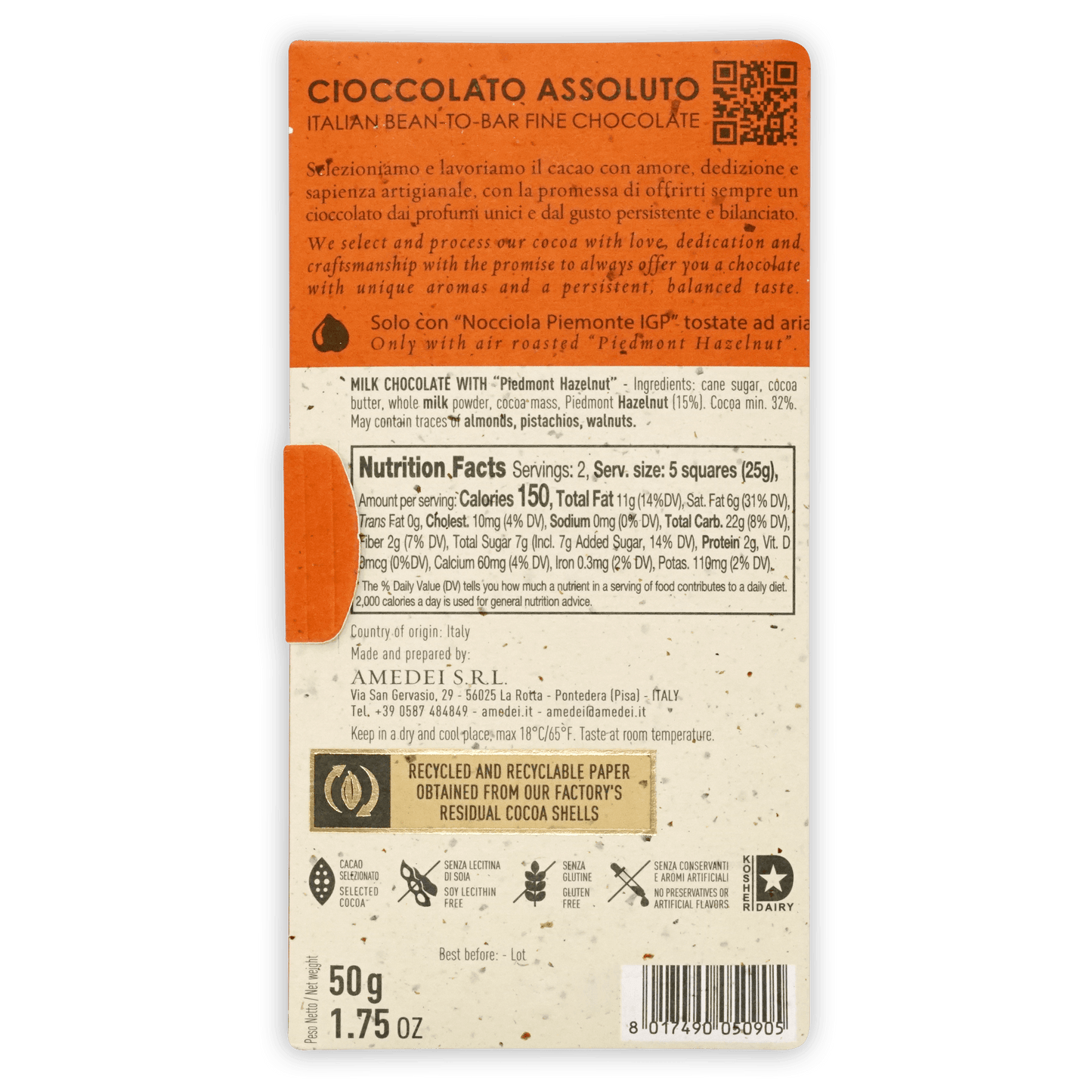 Amedei Nocciole 50g milk hazelnut chocolate bar with textured wrapper