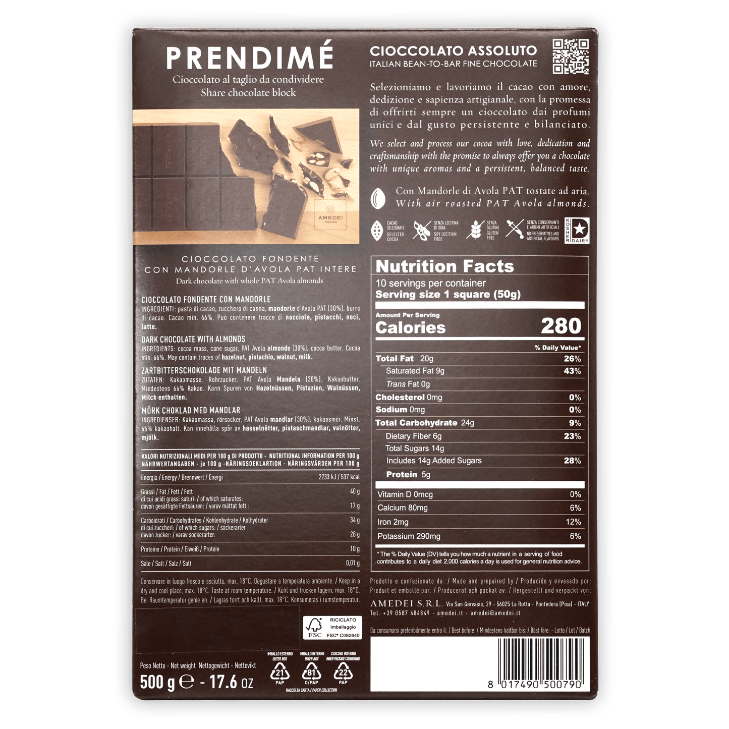 Amedei Prendimé Dark Chocolate w/ Almonds 66% (500g)