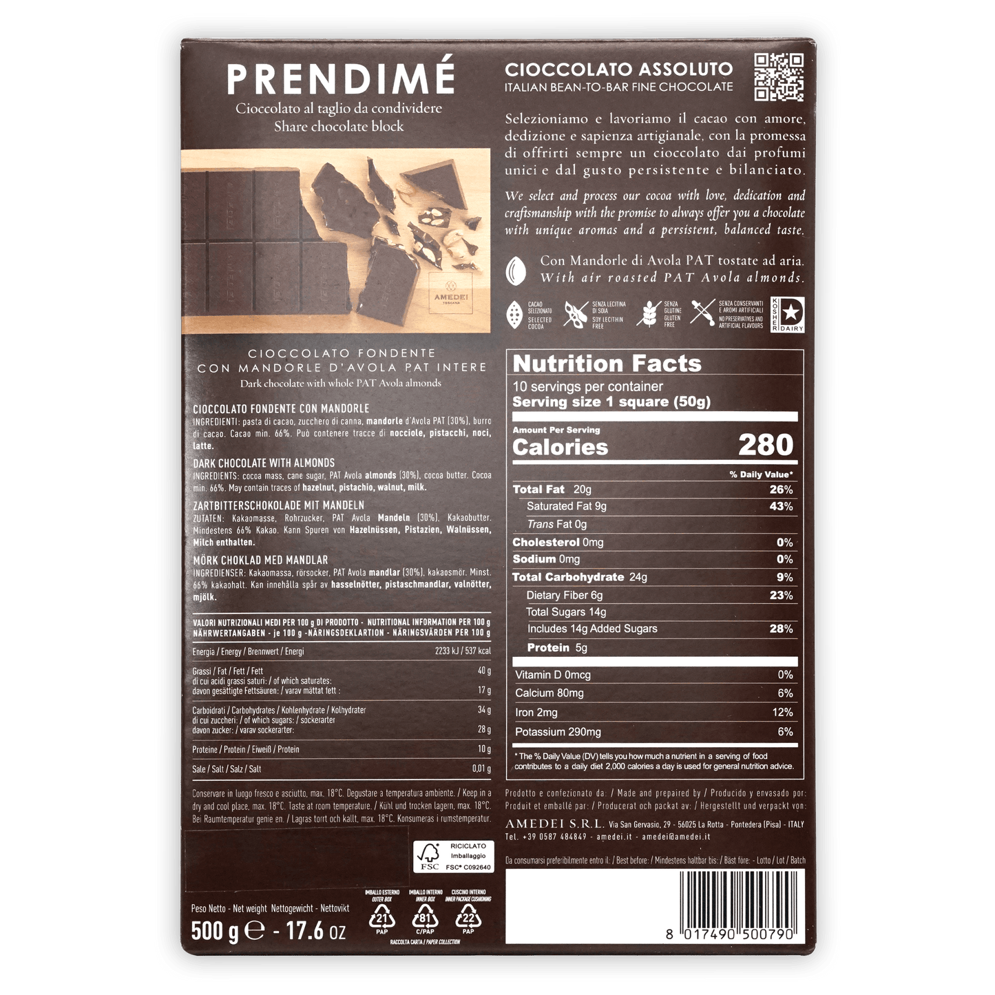 Amedei Prendimé 66% dark chocolate bar with whole toasted Avola almonds, 500g