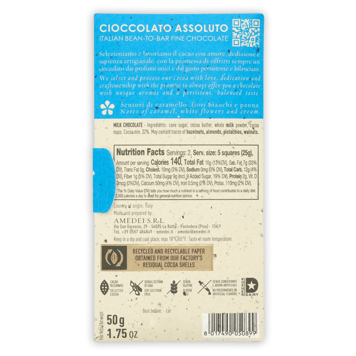 Back of Amedei Toscano Brown Latte 50g milk chocolate bar label