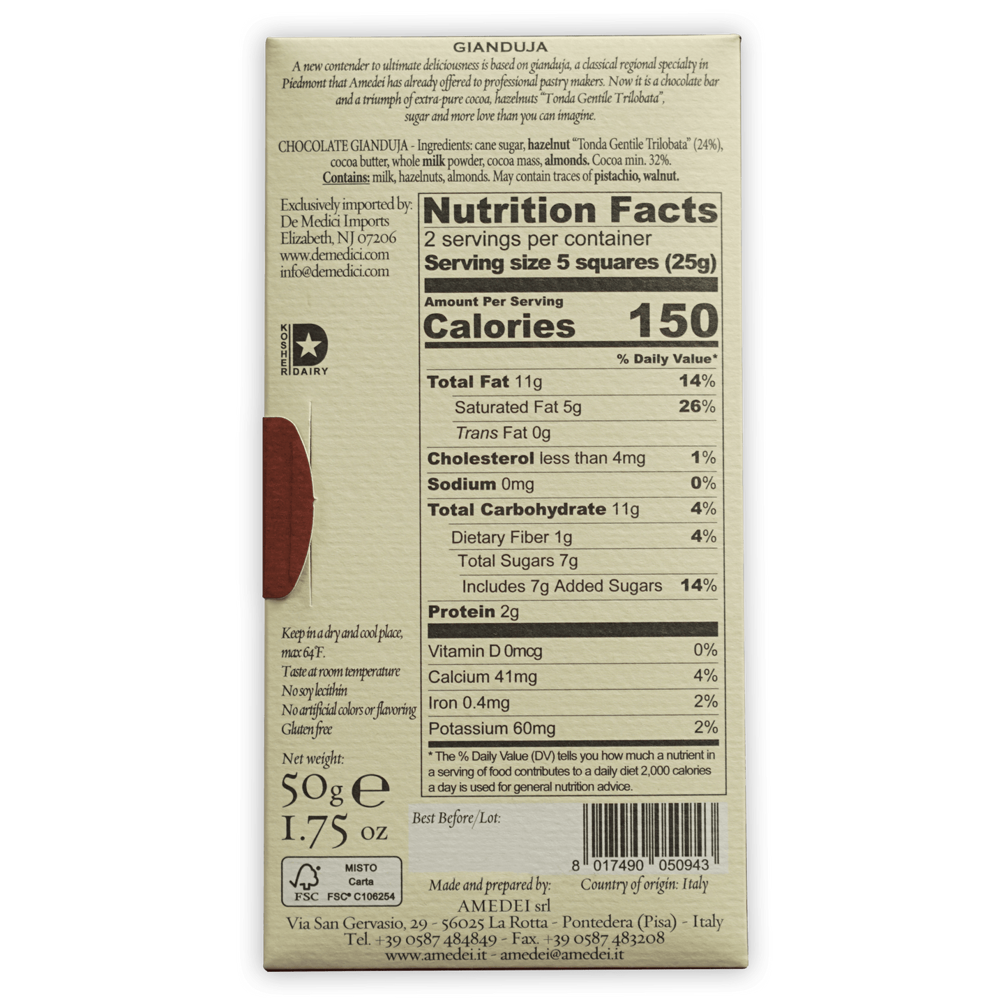 Back of Amedei Toscano Nut Brown Gianduja chocolate bar wrapper