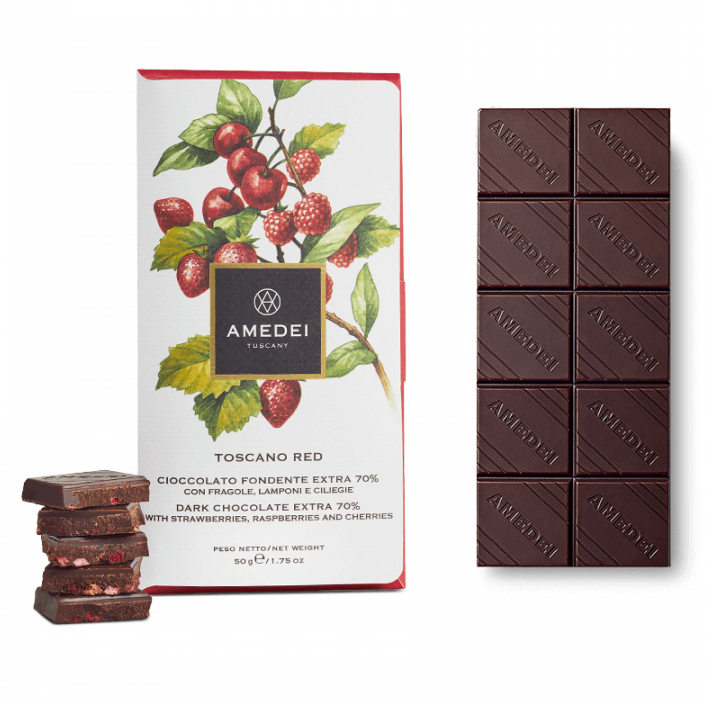Amedei Toscano Red 70% dark chocolate bar with berries