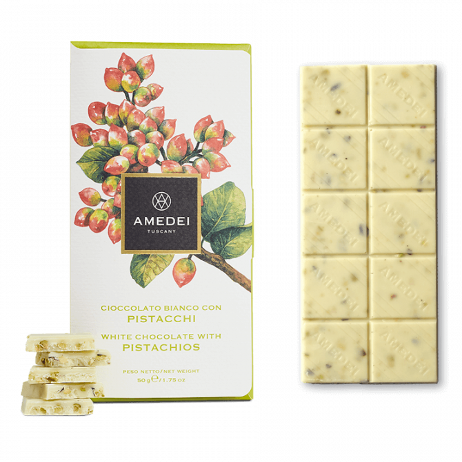 Amedei White Milk Chocolate w/ Pistachios 29% bar with creamy pale yellow surface and greenish nuts
