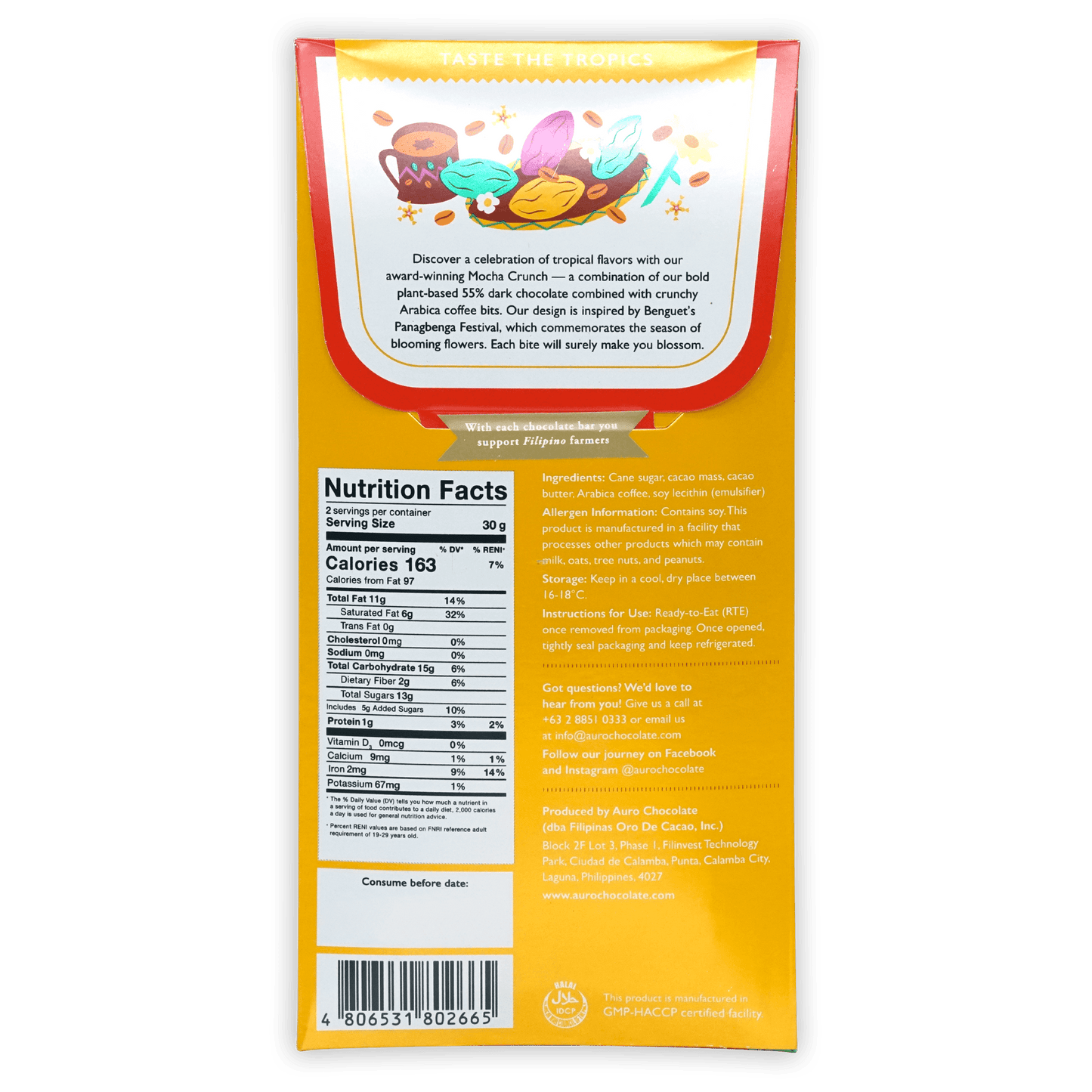 Auro Dark Mocha Crunch 55% chocolate bar with tropical coffee cups flowers fruit design