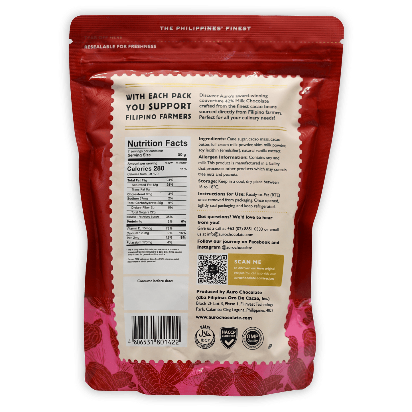 Red resealable pouch of Auro 42% milk chocolate coins, back view