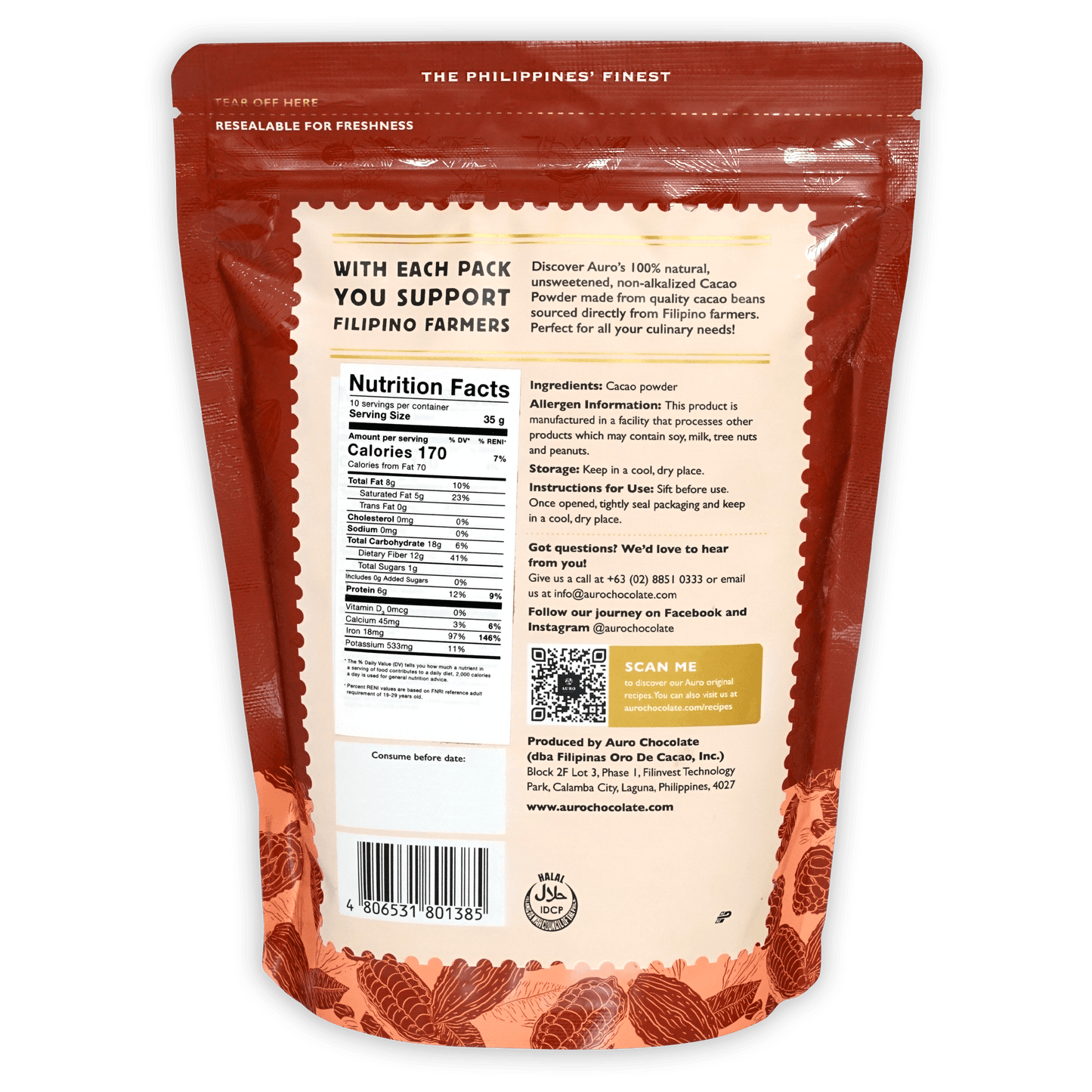 Red resealable pouch of Auro Unsweetened Natural Cacao Powder 100%