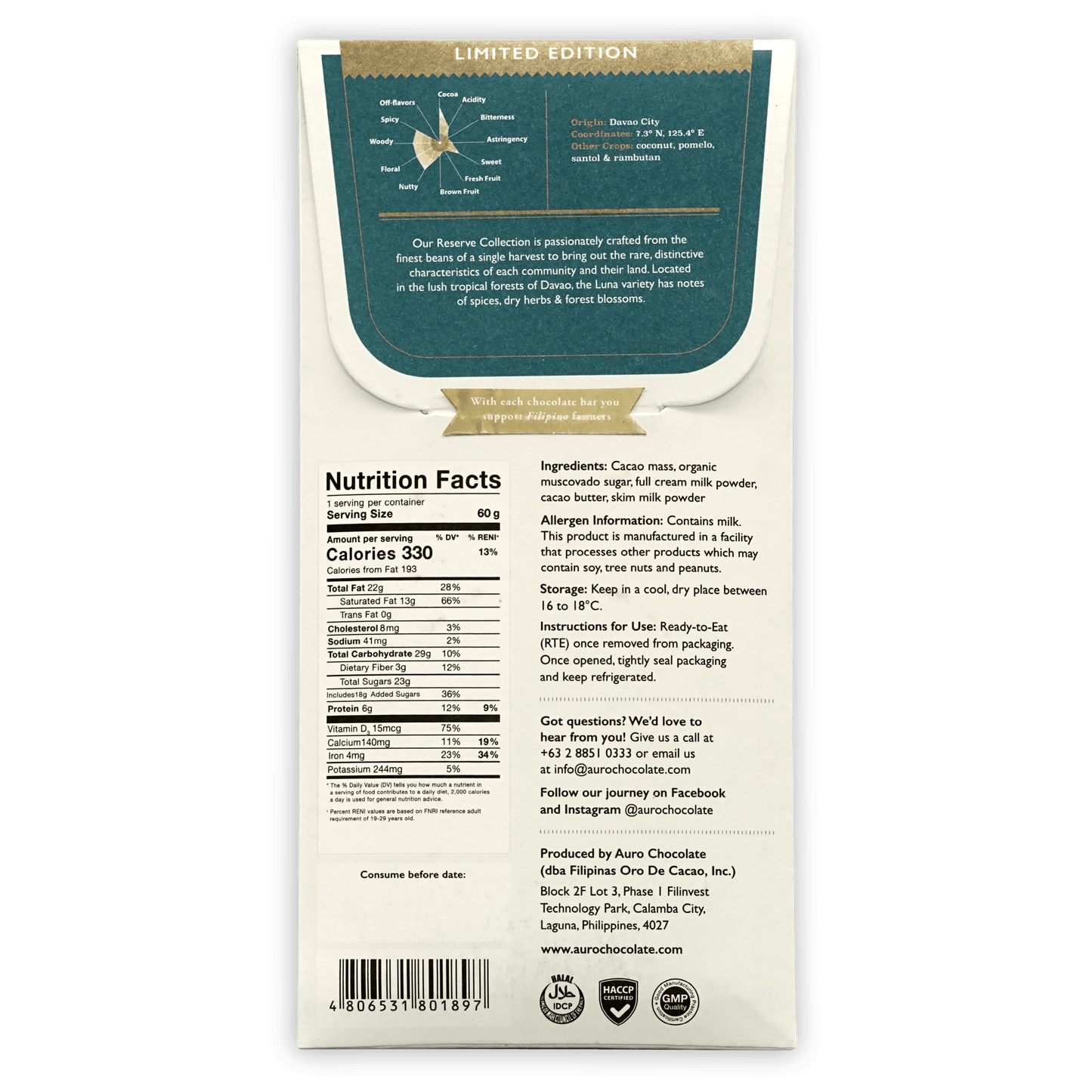 Auro Reserve Luna Dark Milk 50% limited edition bar back with flavor notes