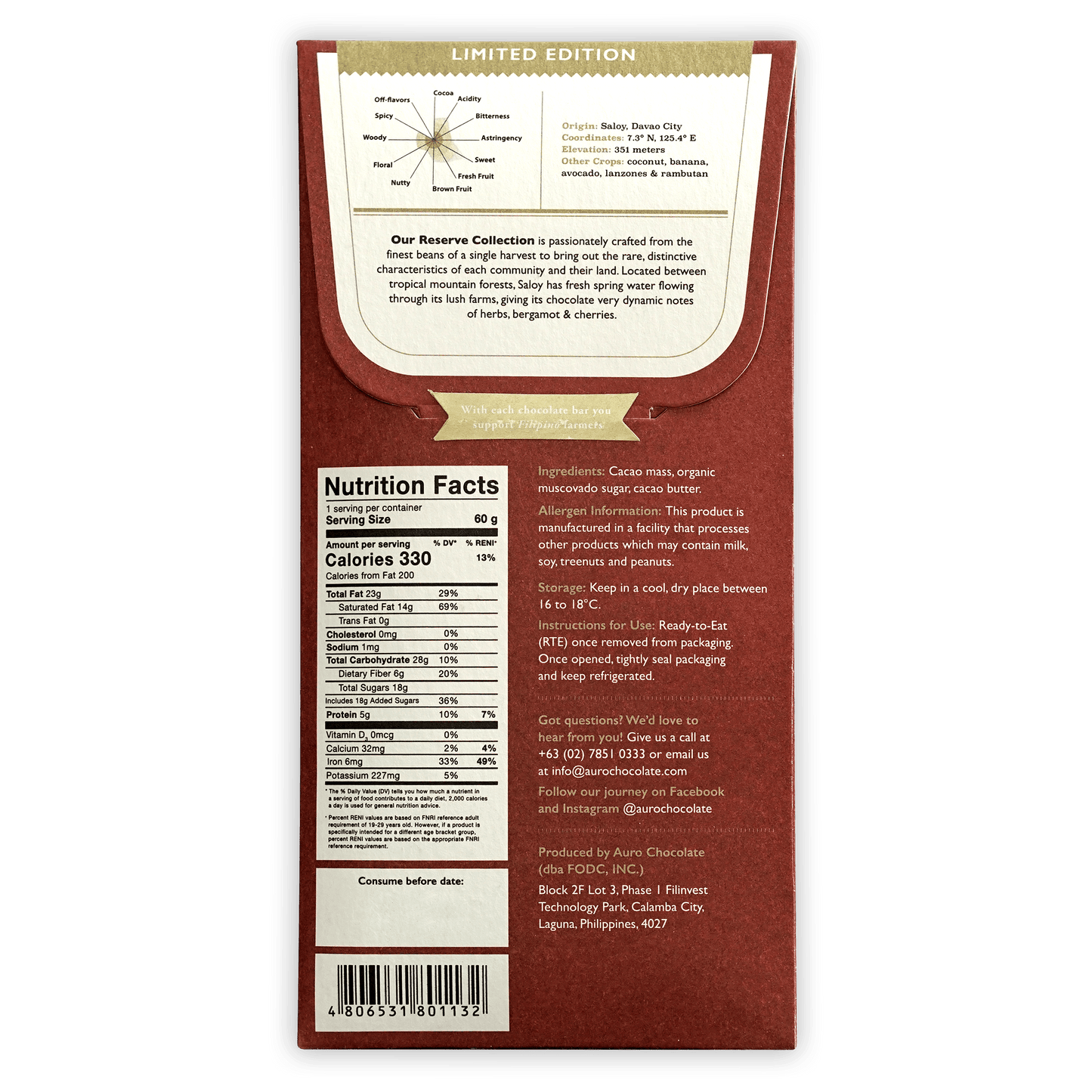 Auro Reserve Saloy 70% limited edition red cardboard chocolate bar packaging