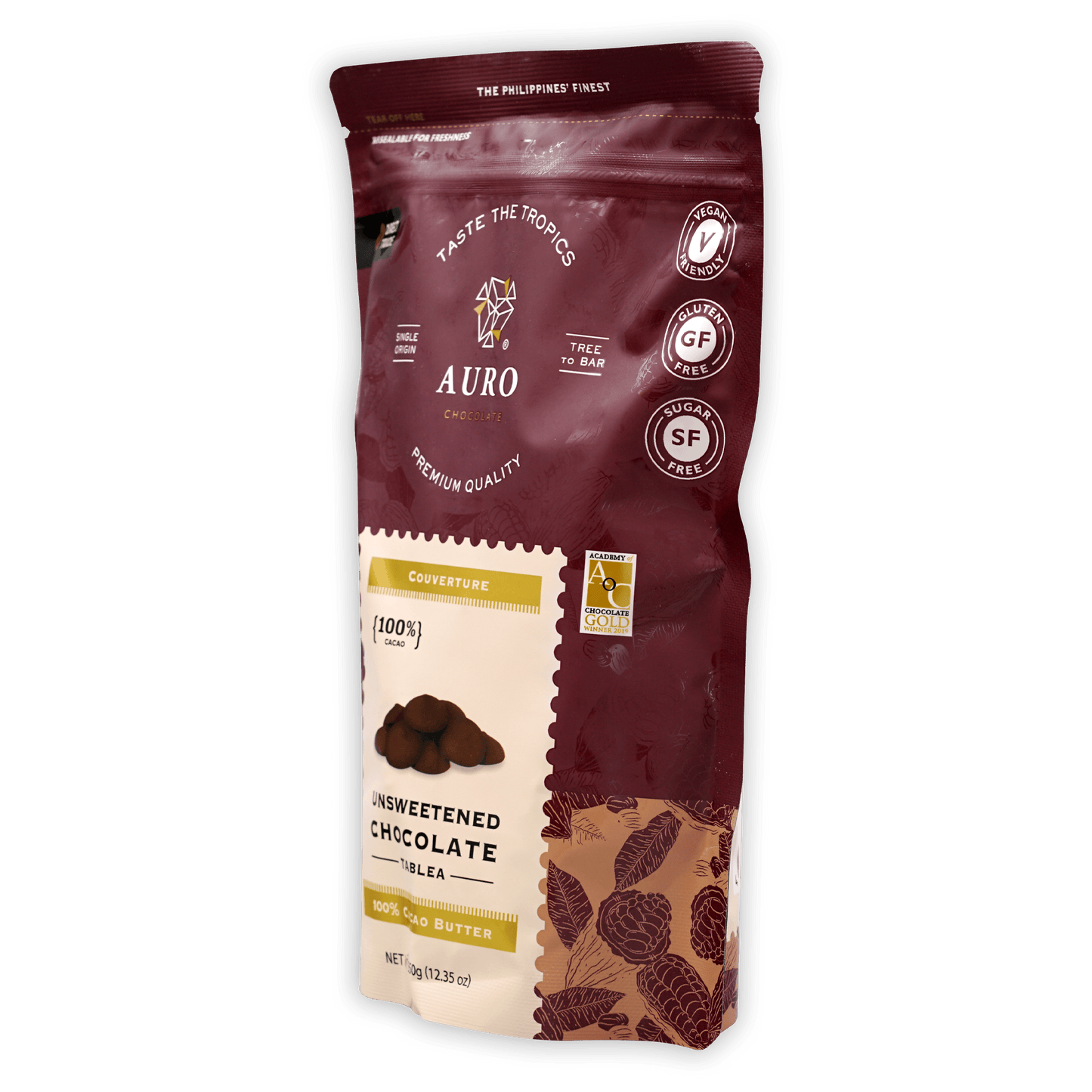 Auro 100% unsweetened dark chocolate tablea coins in maroon pouch