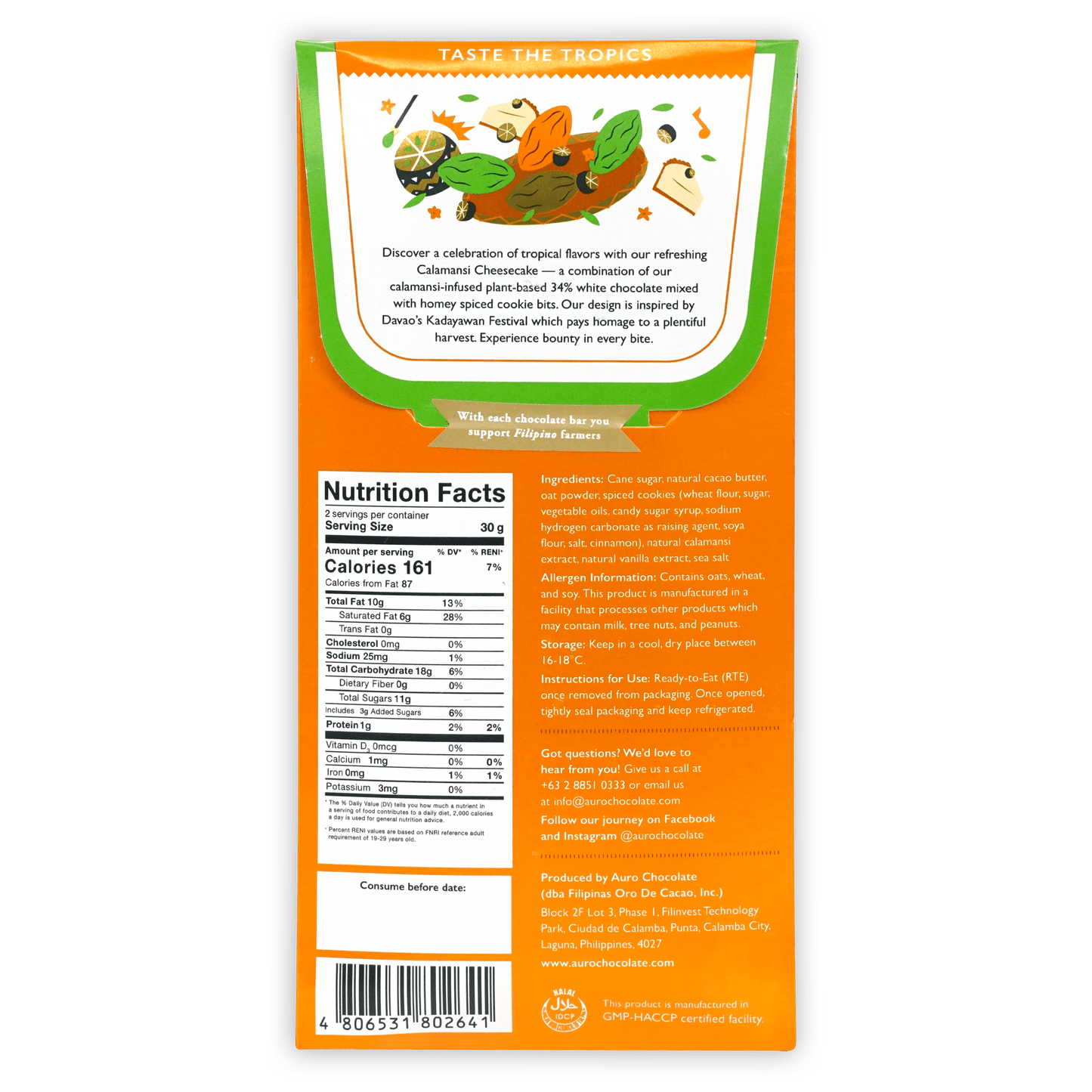 Auro White Calamansi Cheesecake 34% bar box with orange green tropical fruit design