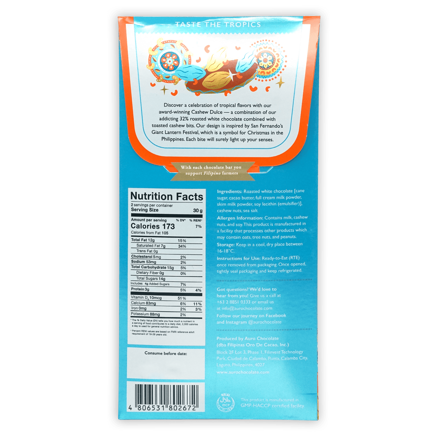 Auro White Cashew Dulce 32% chocolate bar with tropical animal design