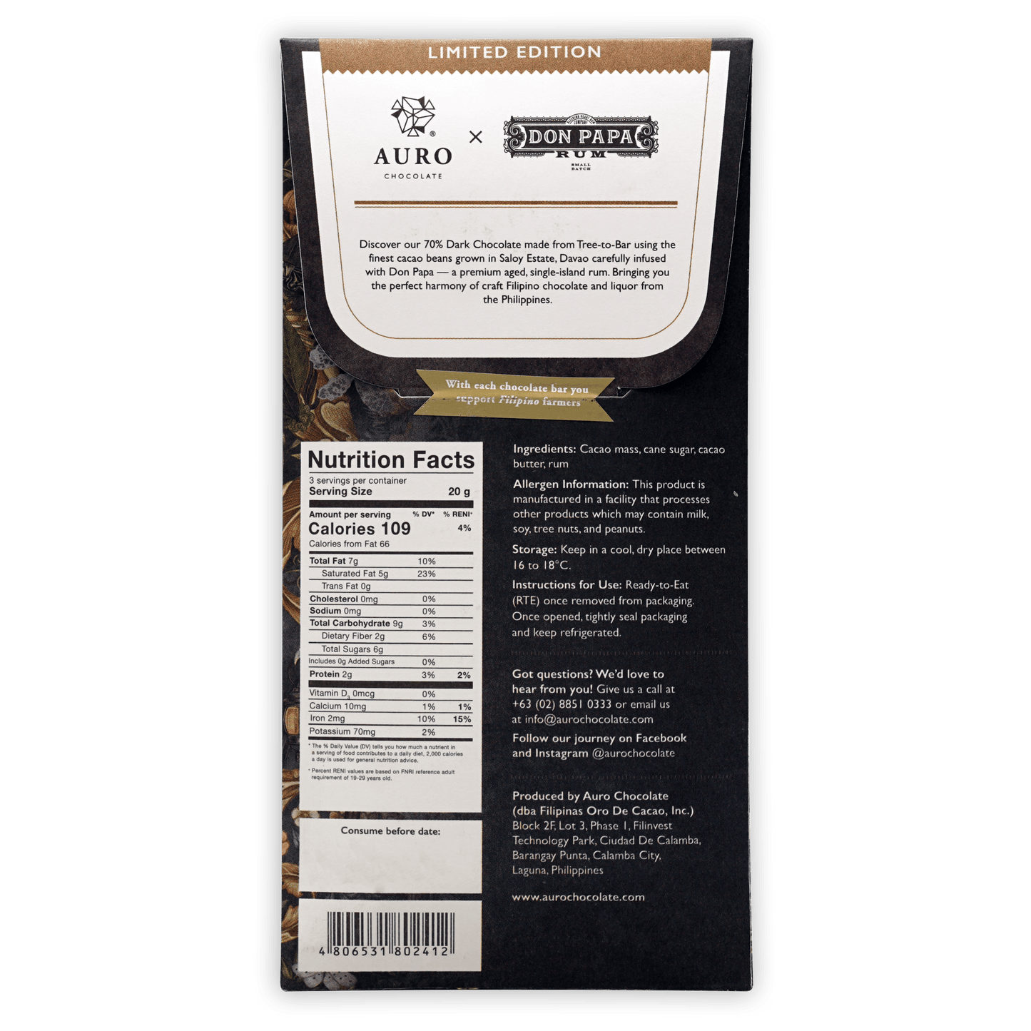 Auro x Don Papa rum infused 70% dark chocolate limited edition bar