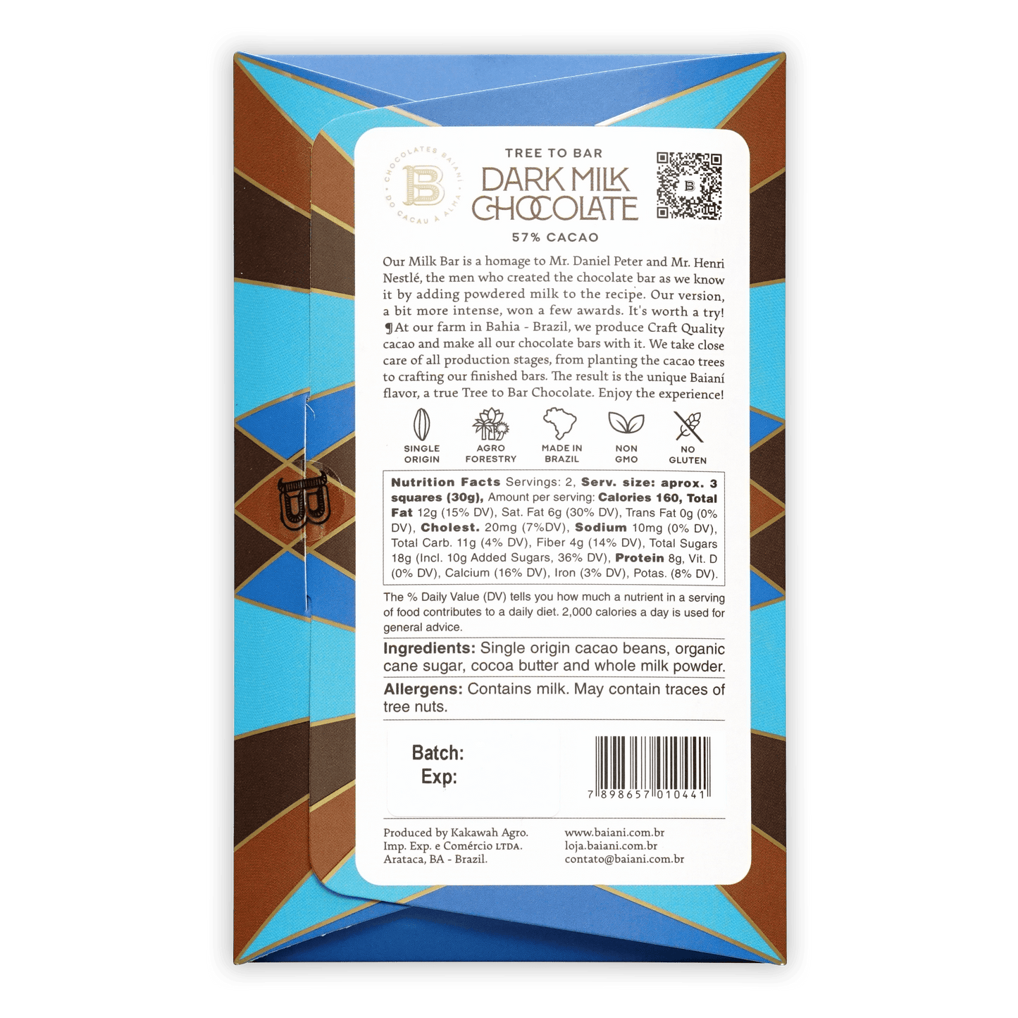 Baiani Dark Milk 57% bar in brown blue geometric wrapper, tree to bar 57% cacao